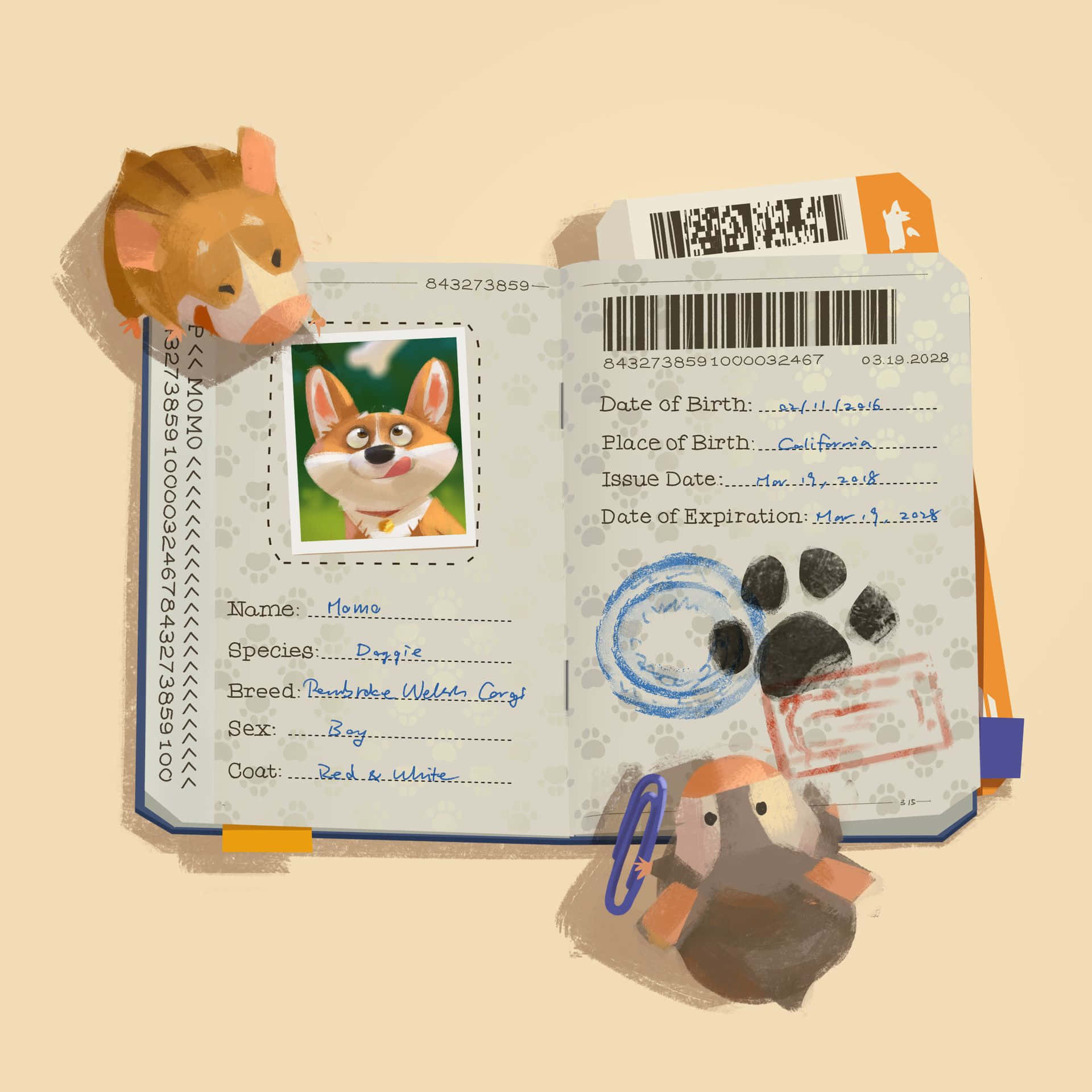 持有效護照確保安全旅行 壁紙 — 一本為名叫Momo的哥基犬設計的奇幻插畫寵物護照，周圍有爪印和可愛動物公仔。