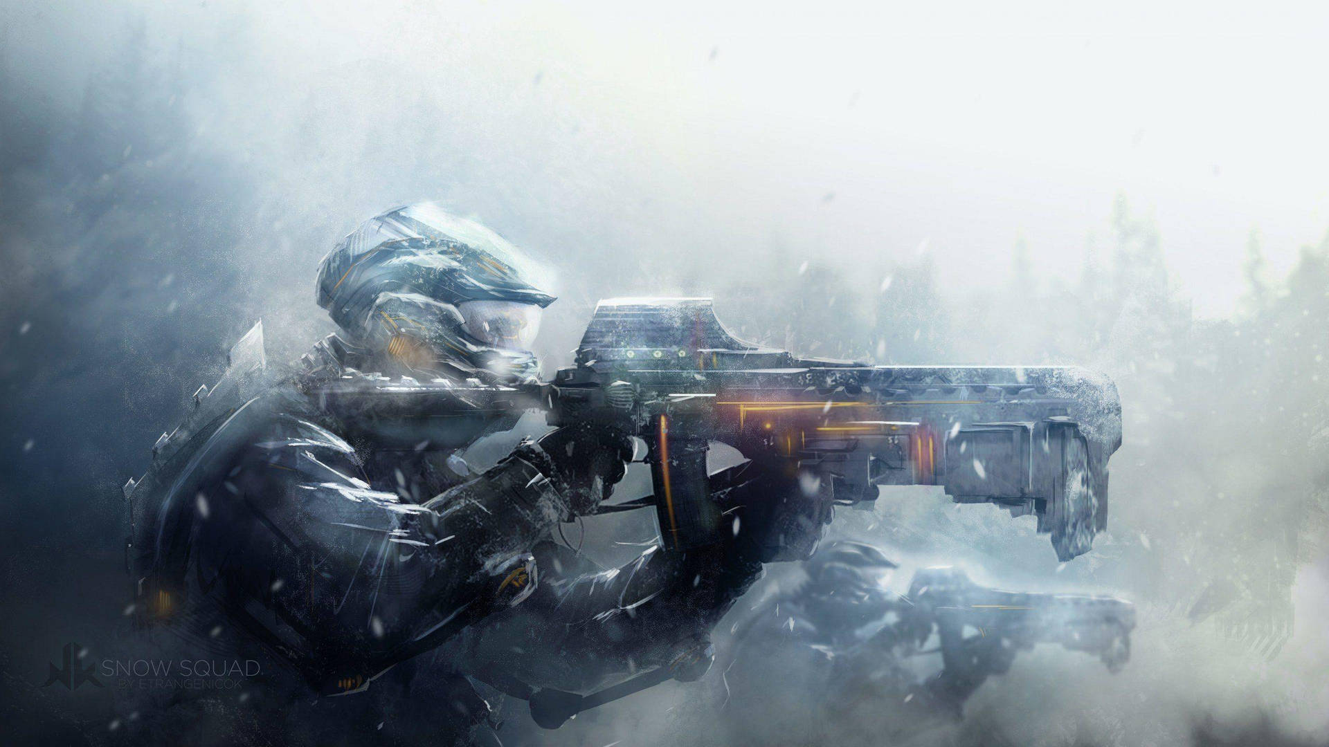身穿未來裝甲的士兵在雪地戰場上發射武器。