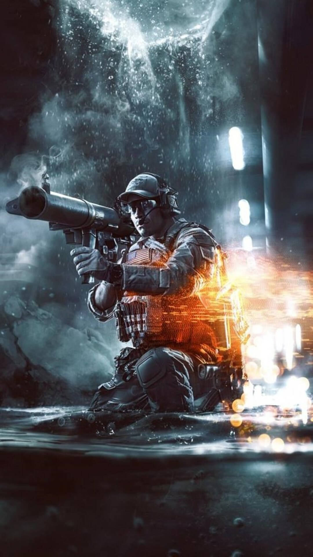 士兵在水中發射火箭發射器，背後有熾熱的爆炸。