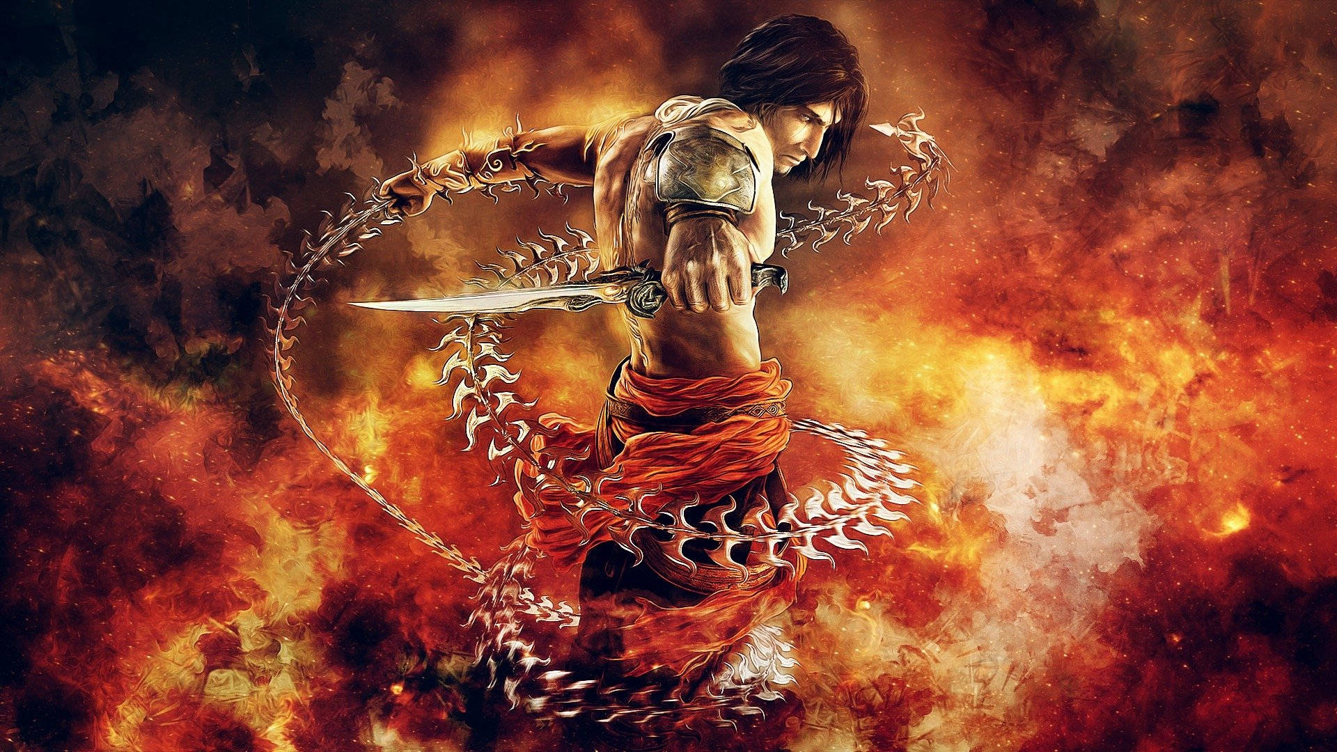 持械波斯王子 壁紙 — 一名手持帶刺鏈條武器的戰士，站在旋轉的火焰中，呈現出一場熾熱而戲劇性的戰鬥場景。