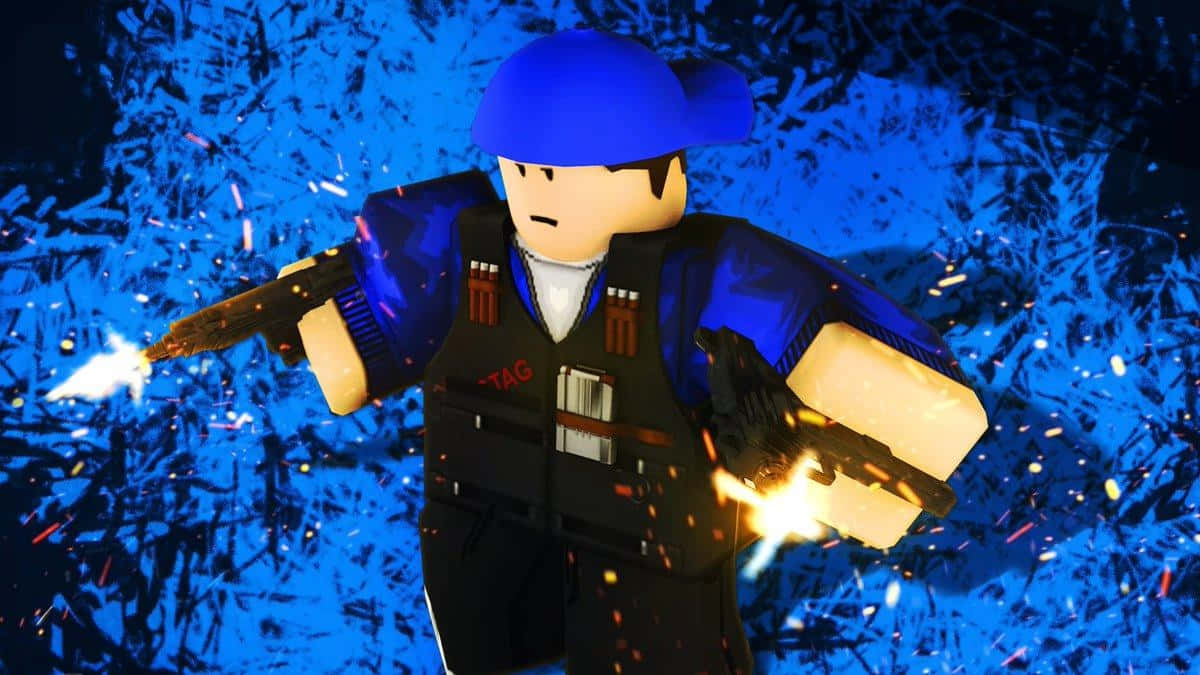 Roblox角色在藍色背景下雙持手槍射擊，火花四濺。