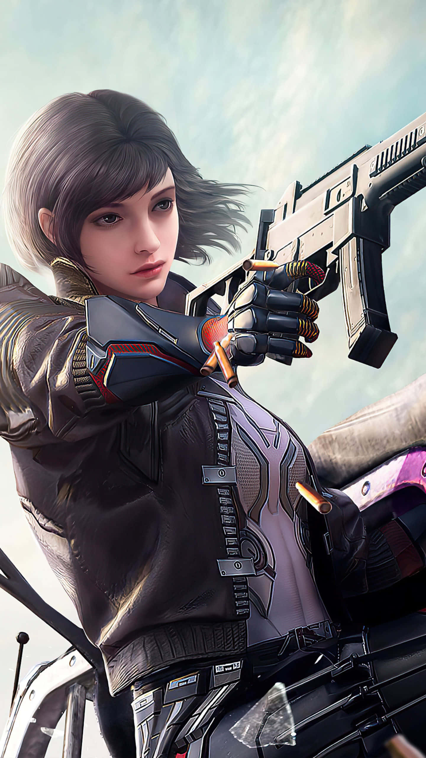 持槍PUBG女角色 壁紙 — 一位堅定的女兵穿著未來裝備，對準多雲的天空瞄準重型槍械。