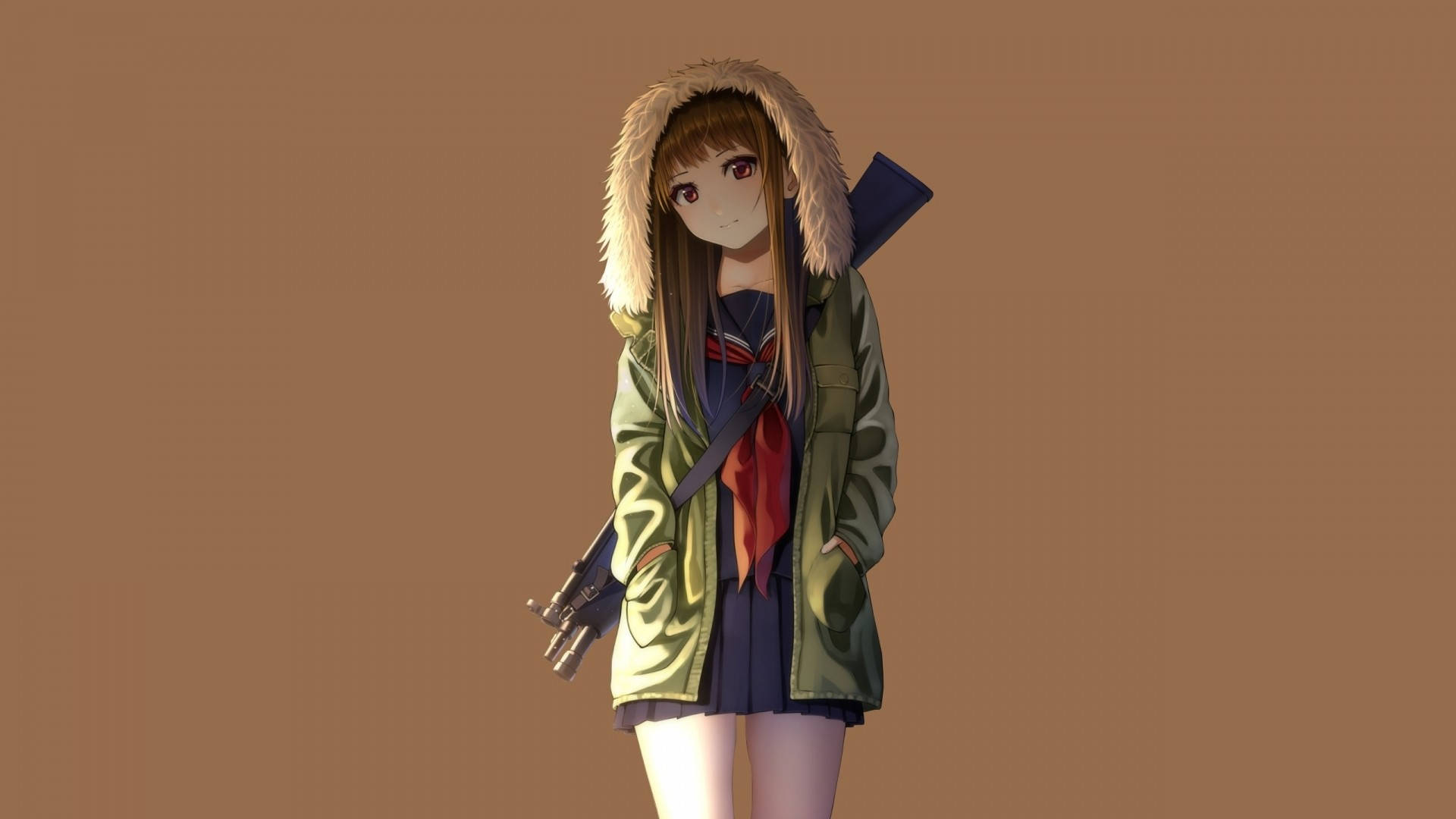 持槍動漫女孩連帽衫 壁紙 — 動漫女孩穿著綠色連帽外套，帶毛邊裝飾，肩上扛著步槍，站在純棕色背景前。