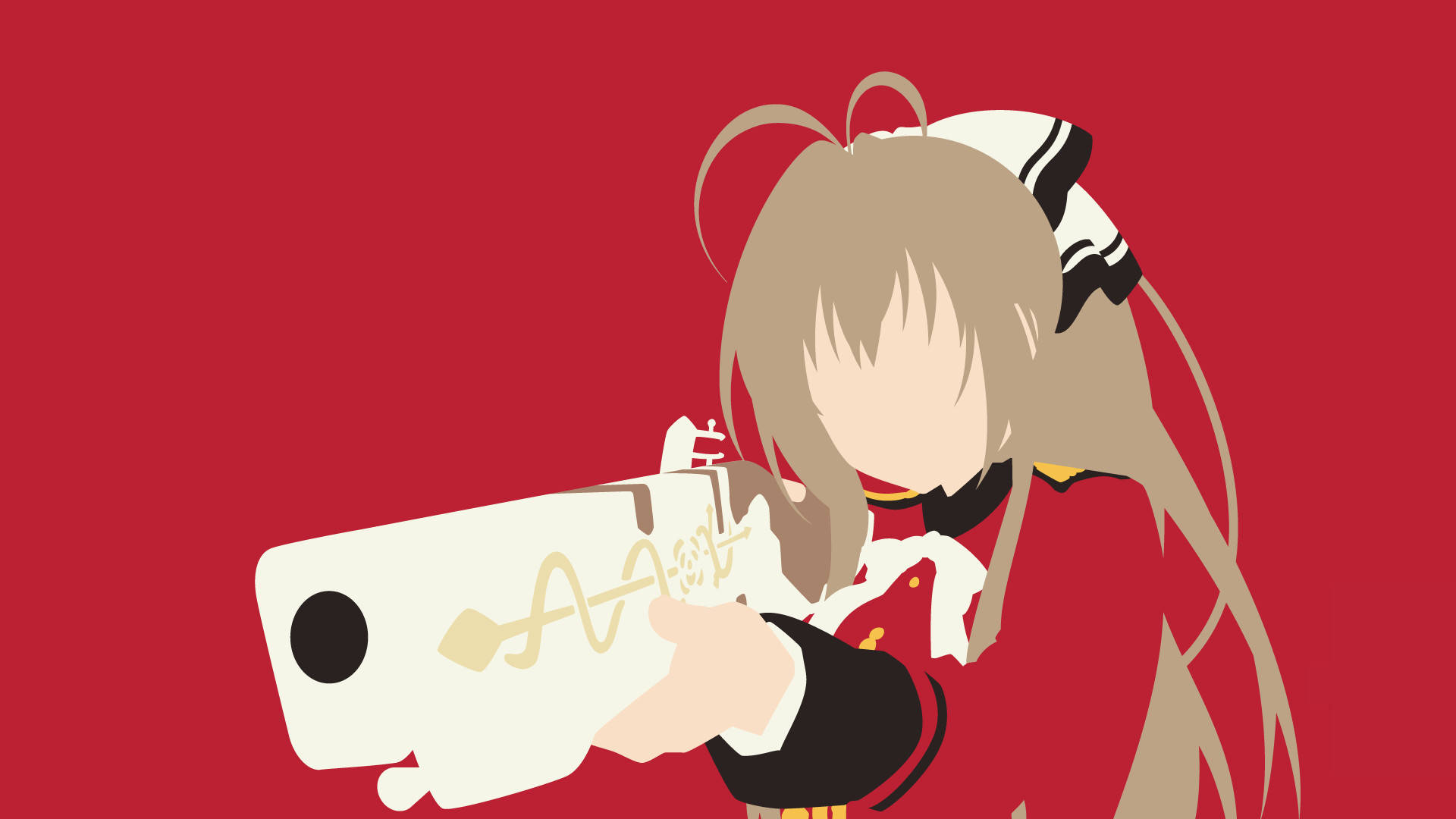 持槍動漫少女極簡壁紙 壁紙 — 金髮動漫女孩穿著紅色制服，在純紅色背景前手持白色武器。
