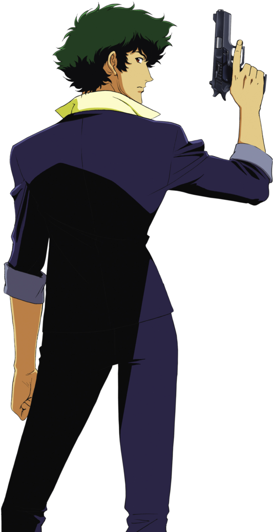 持槍太空牛仔動畫角色 壁紙 — 動漫角色，綠色頭髮，身穿深色西裝，在黑色背景上將手槍越過肩膀瞄準。