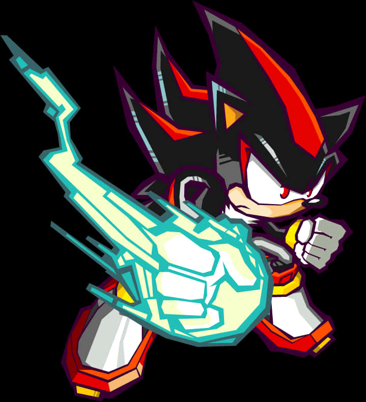 持槍影子刺猬 壁紙 — Shadow the Hedgehog 向前衝刺，發光的青色能量拳頭在黑色背景前。
