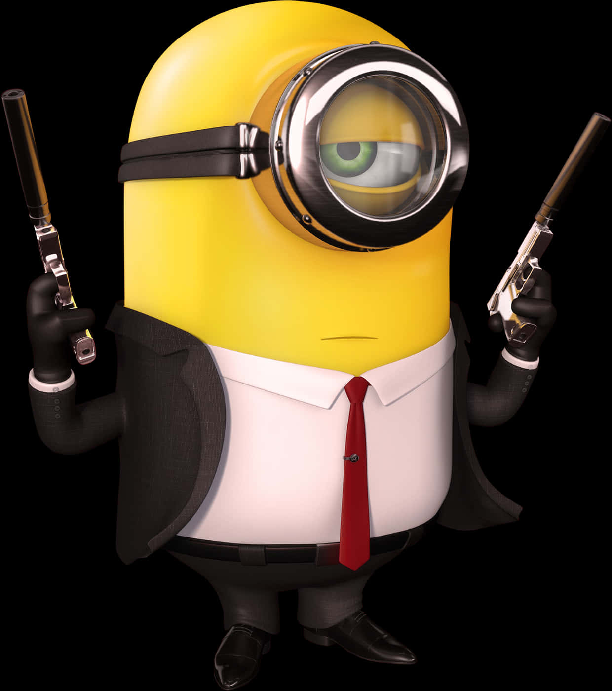 持槍特務小黃人 壁紙 — 一個黃色Minion穿著黑色西裝和紅色領帶，在黑色背景前手持兩把手槍。