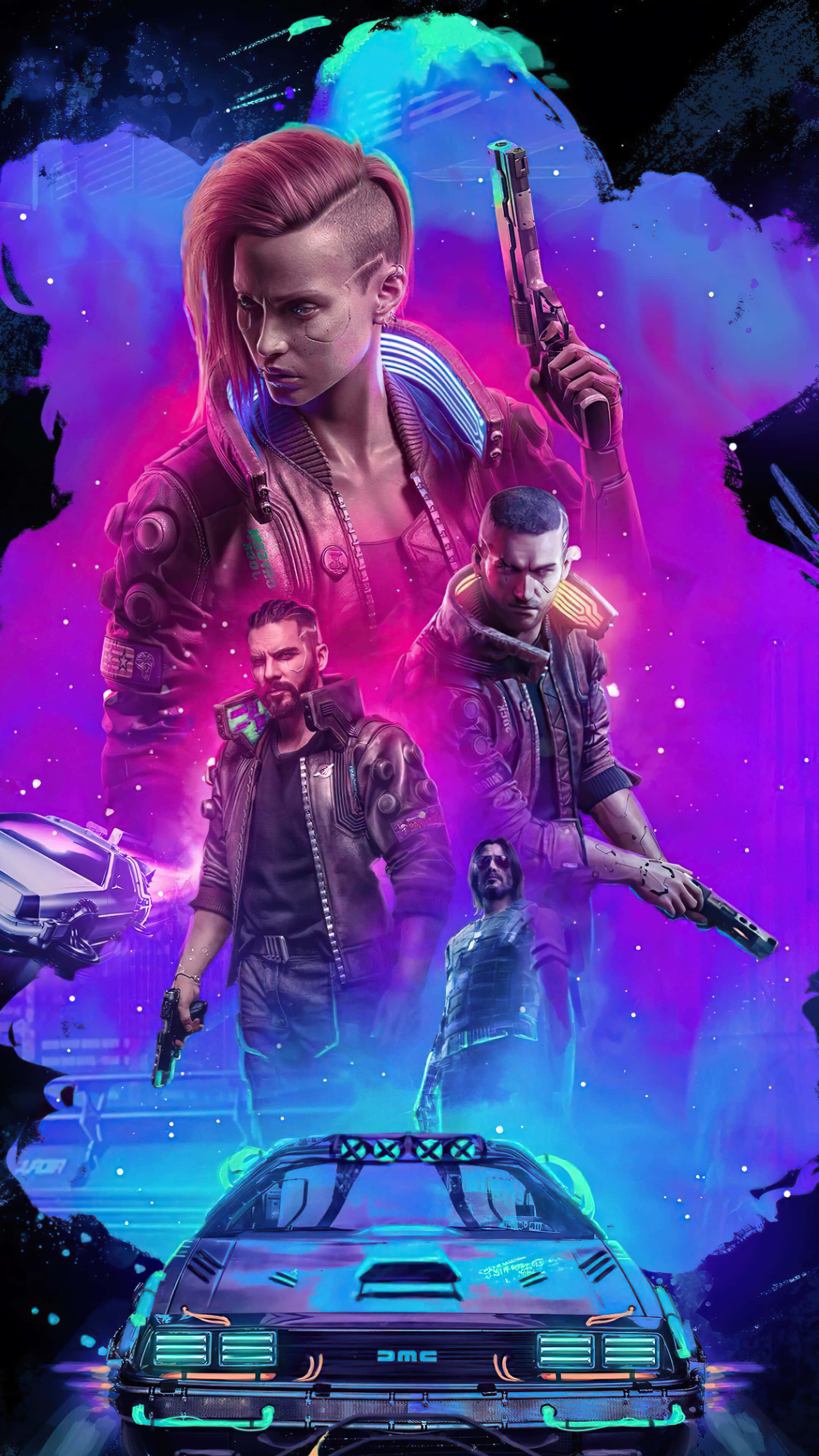 Cyberpunk 2077 Characters 桌布 壁紙 — 持槍的賽博龐克角色站在發光的汽車上方，背景是霓虹紫色和藍色的宇宙背景。