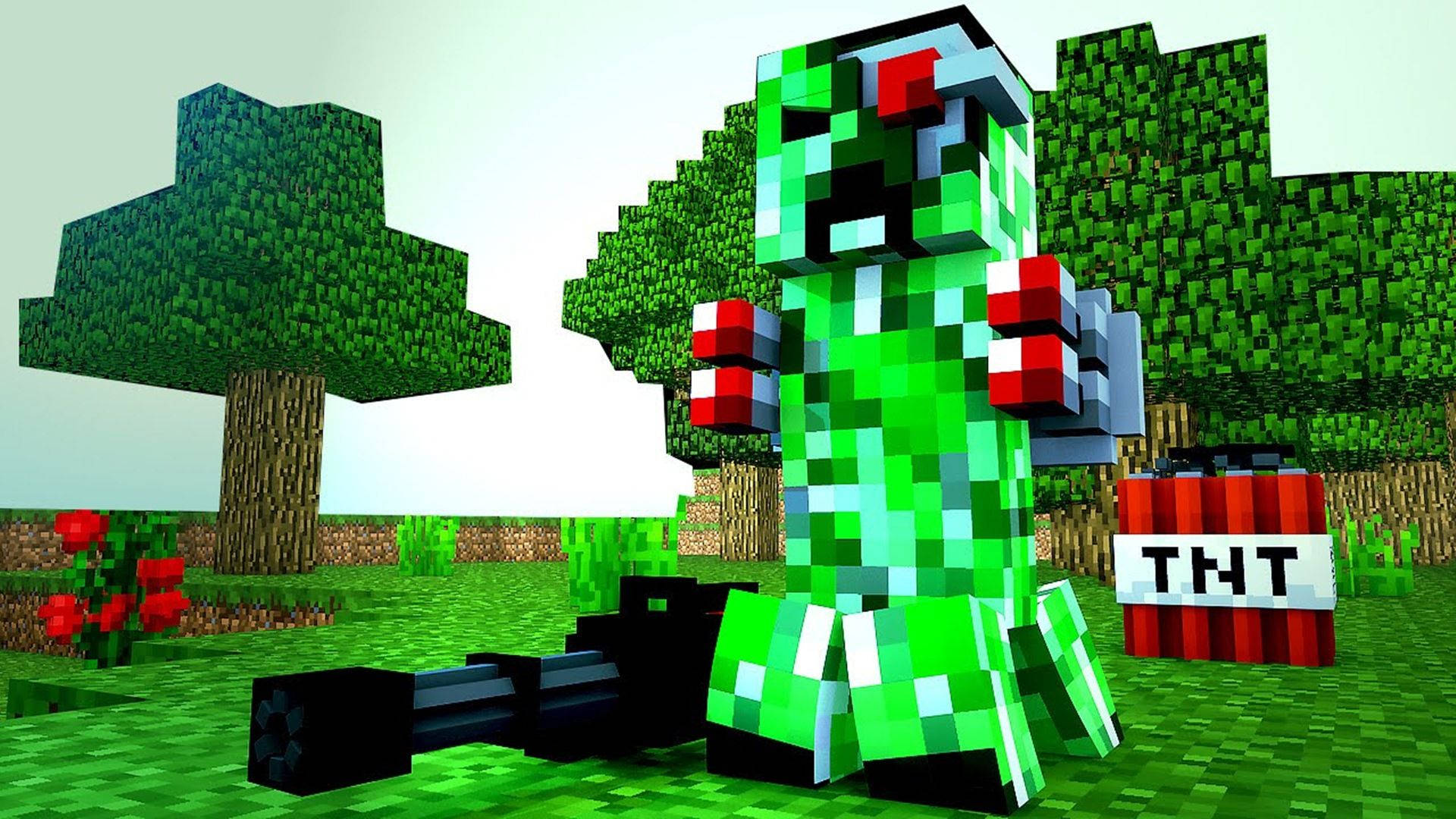 持武器的Minecraft苦力怕 壁紙 — 一個像素化的綠色爬行者站在方塊森林中，手持槍支，附近有TNT。