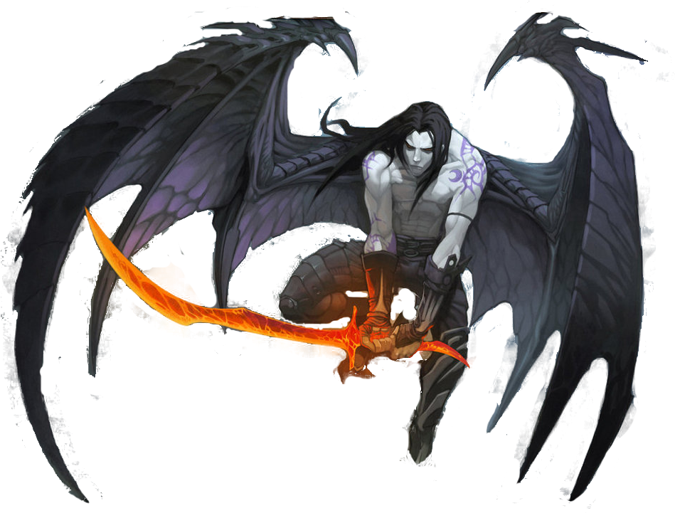 持火焰劍的翼魔戰士 壁紙 — 一個黑色翅膀的惡魔形象，手持發光的橙色劍，站在黑色背景前。
