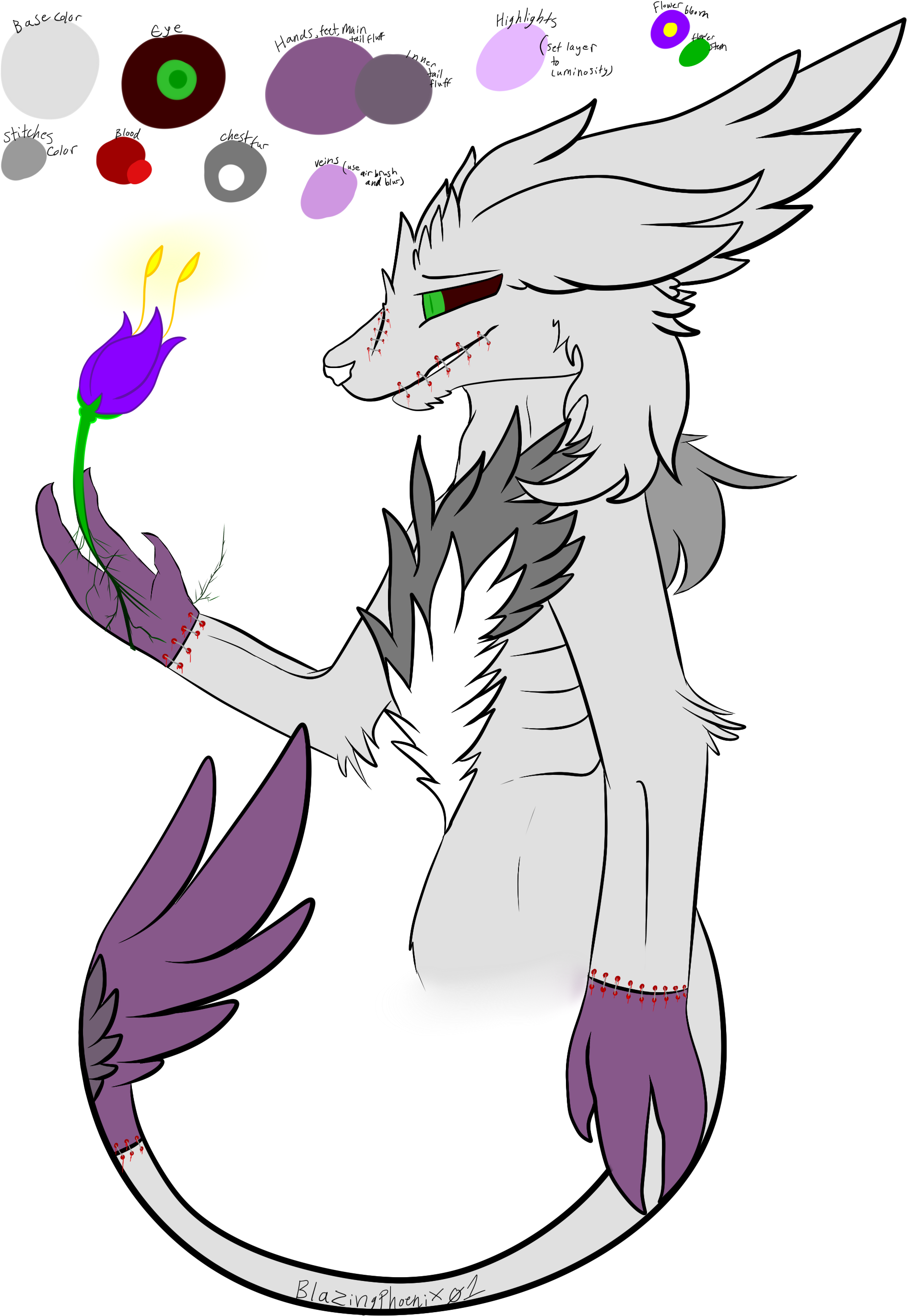 持火焰的擬人化生物 壁紙 — 一隻白翼綠眼的龍溫柔地拿著一朵紫色花，背景是黑色，有彩色球體漂浮。
