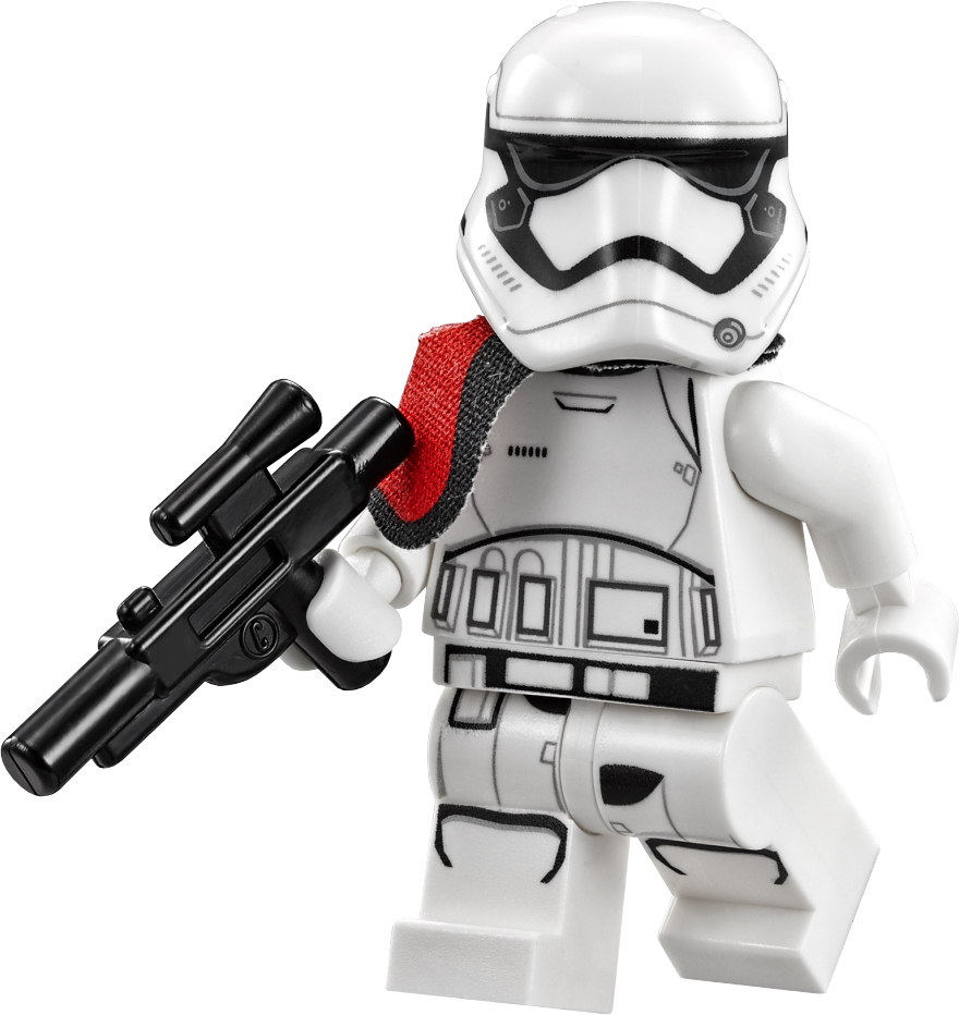 持爆能槍的樂高死星兵 壁紙 — 一個白色LEGO白兵人偶在白色背景前手持帶有紅色肩帶的黑色爆能槍。