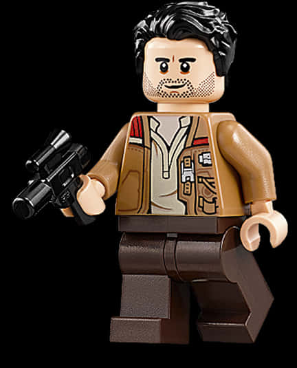 持爆能槍的樂高迷你人偶 壁紙 — LEGO 版本的 Han Solo，身穿標誌性棕色背心，手持爆能槍，背景為黑色。