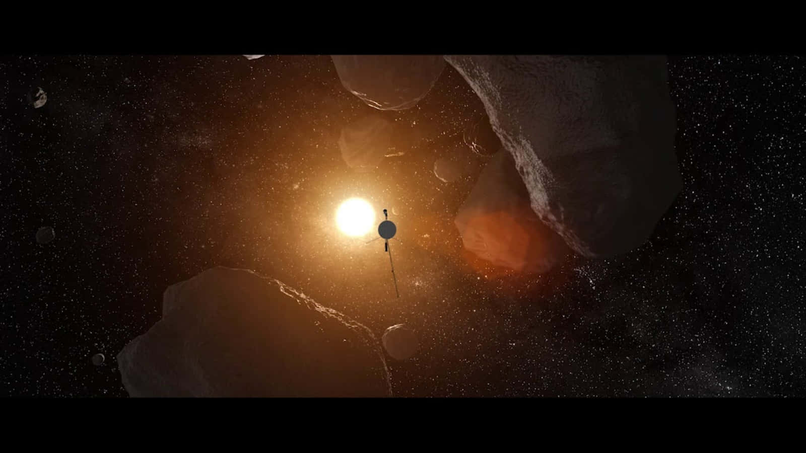 衛星在深空中靠近明亮太陽的小行星間漂浮。