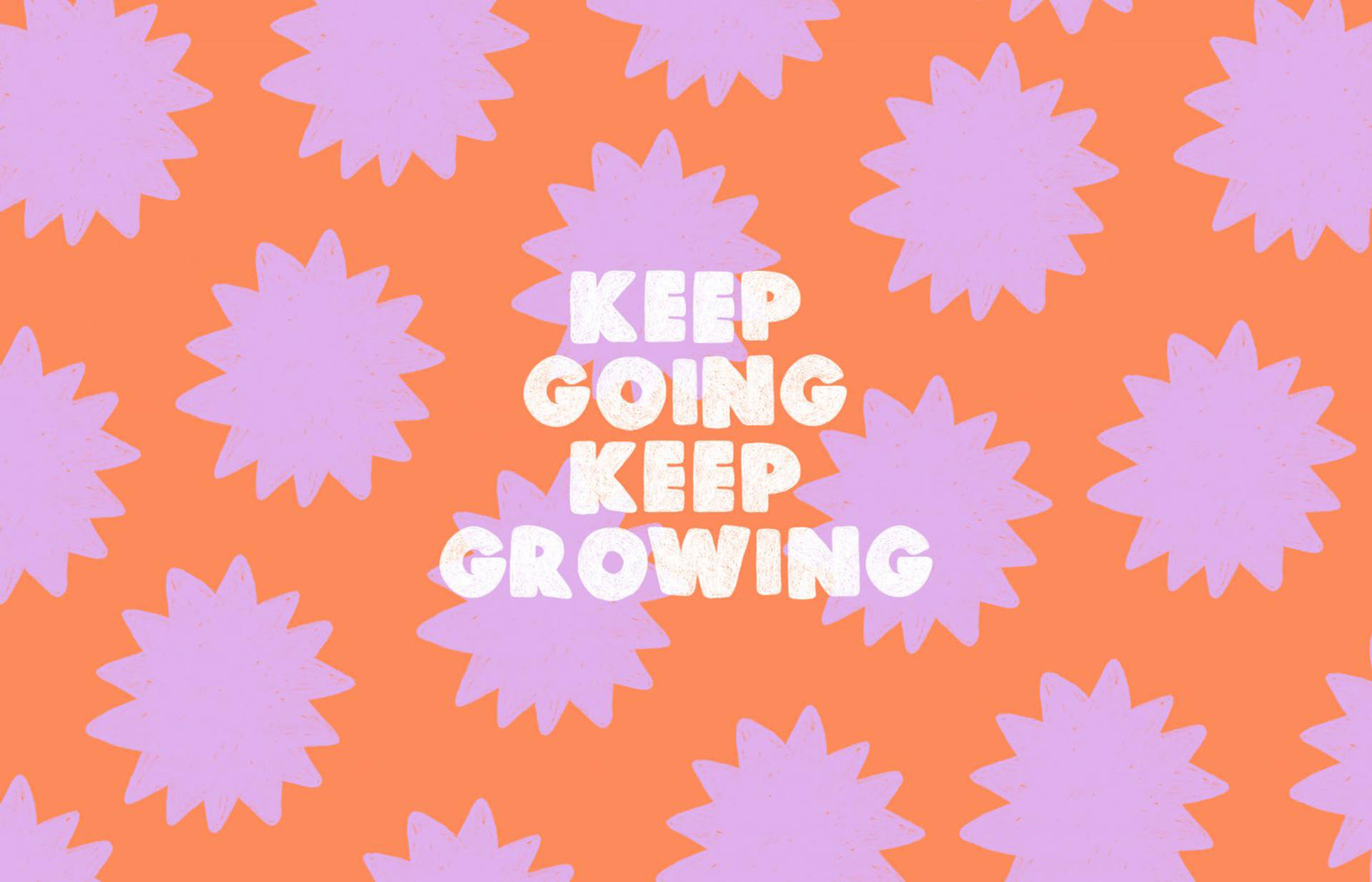 勵志文字 keep going keep growing 在橙色背景上，帶有紫色星爆