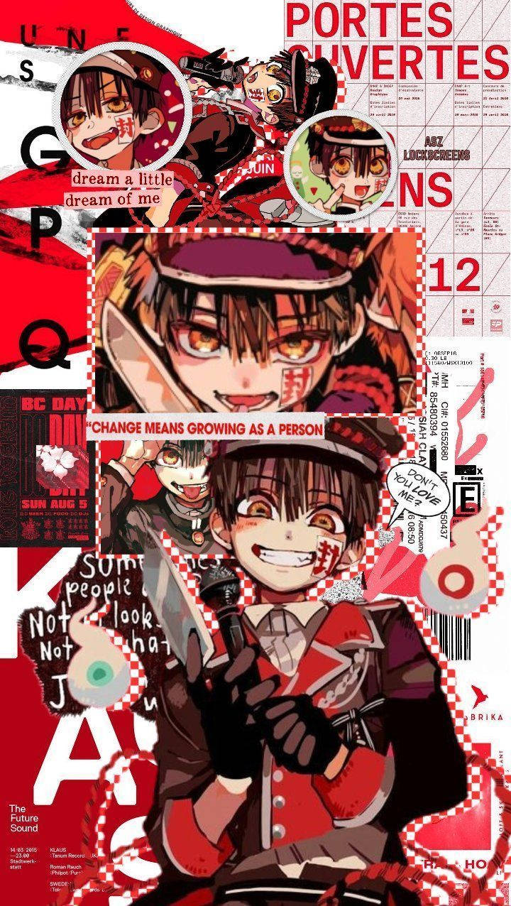 穿著紅色制服的動漫男孩在混亂的文字拼貼中微笑。