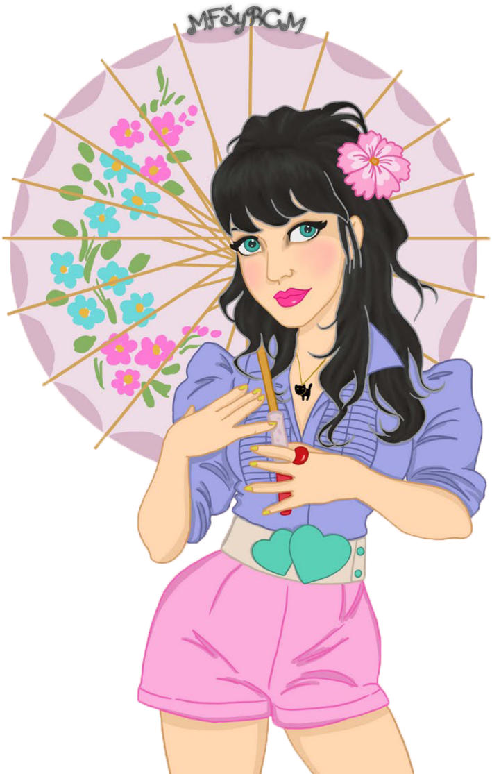 持花傘的動畫凱蒂·佩里 壁紙 — 一個風格化的動漫女孩，黑髮綠眼，手持花卉陽傘，身穿紫色襯衫和粉紅色短褲。