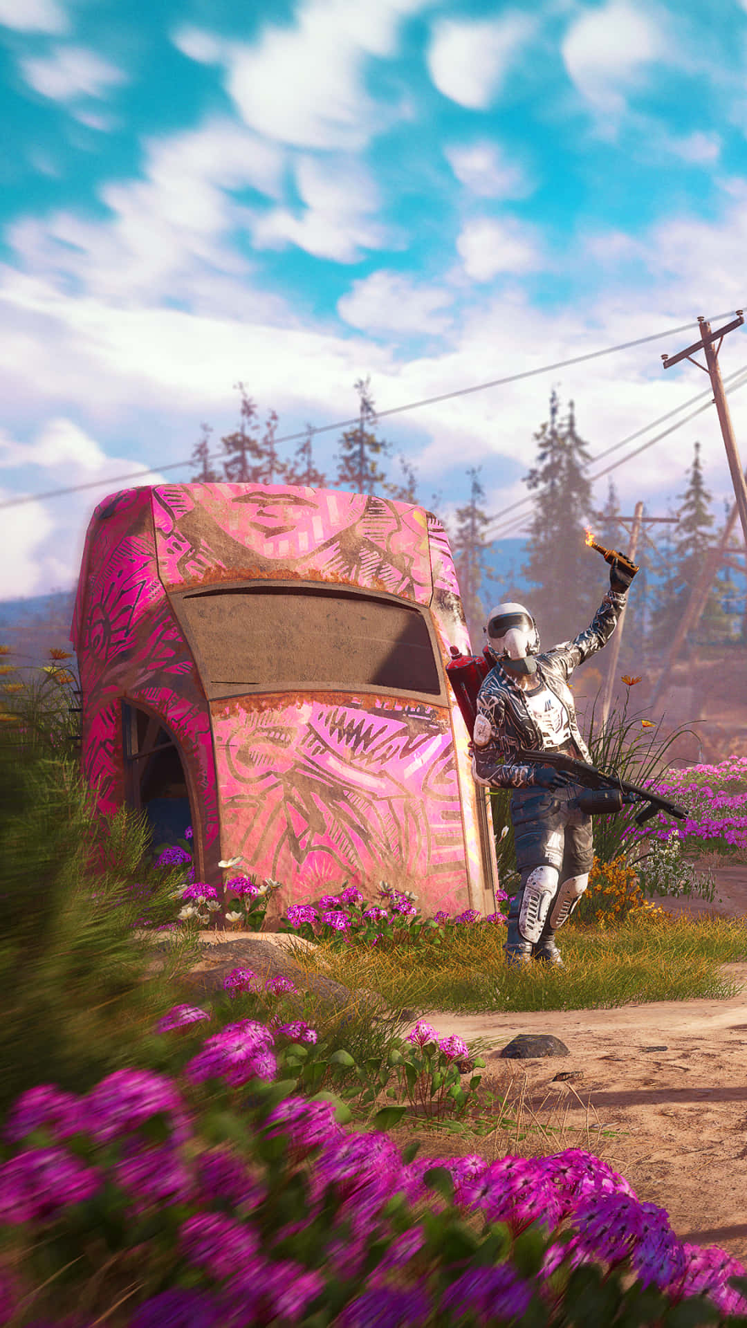 持莫洛托夫雞尾酒背景：Far Cry New Dawn Pixel 3 壁紙 — 一名身穿未來裝甲的士兵站在一輛佈滿塗鴉的粉紅色巴士旁邊，身處一片紫色花田，上方是明亮的藍天。