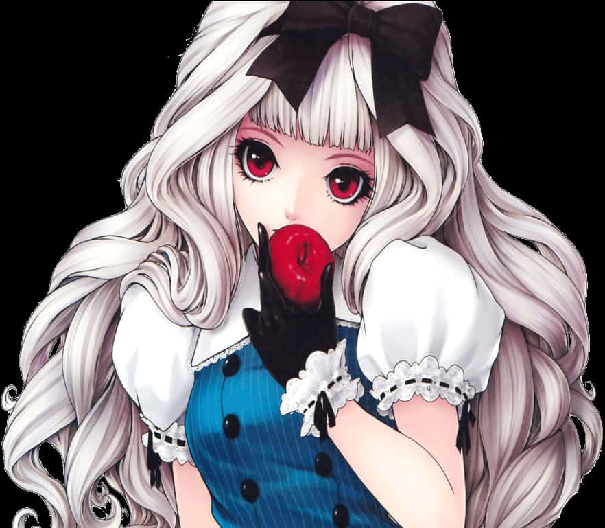 持蘋果動漫少女 壁紙 — 一個蒼白的動漫女孩，白髮紅眼，咬著一個光澤的紅蘋果，身穿藍色連衣裙和黑色手套。