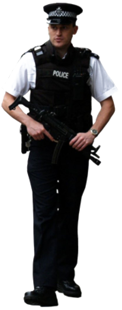 持衝鋒槍的警察 壁紙 — 一名身穿制服的警察在透明背景上警覺地站立，手持步槍。