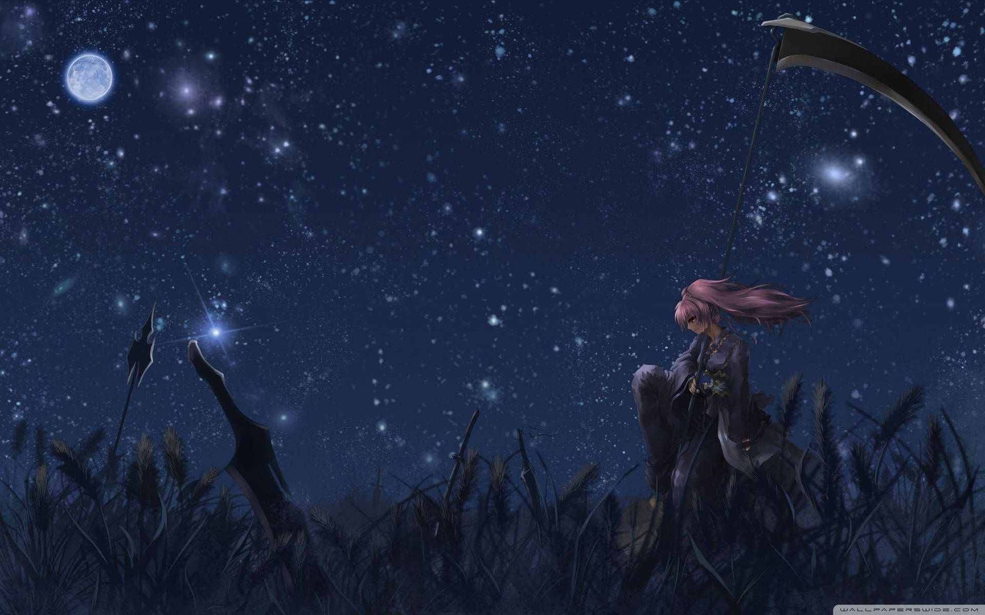 粉紅髮動漫女孩在星空夜野中持鐮刀