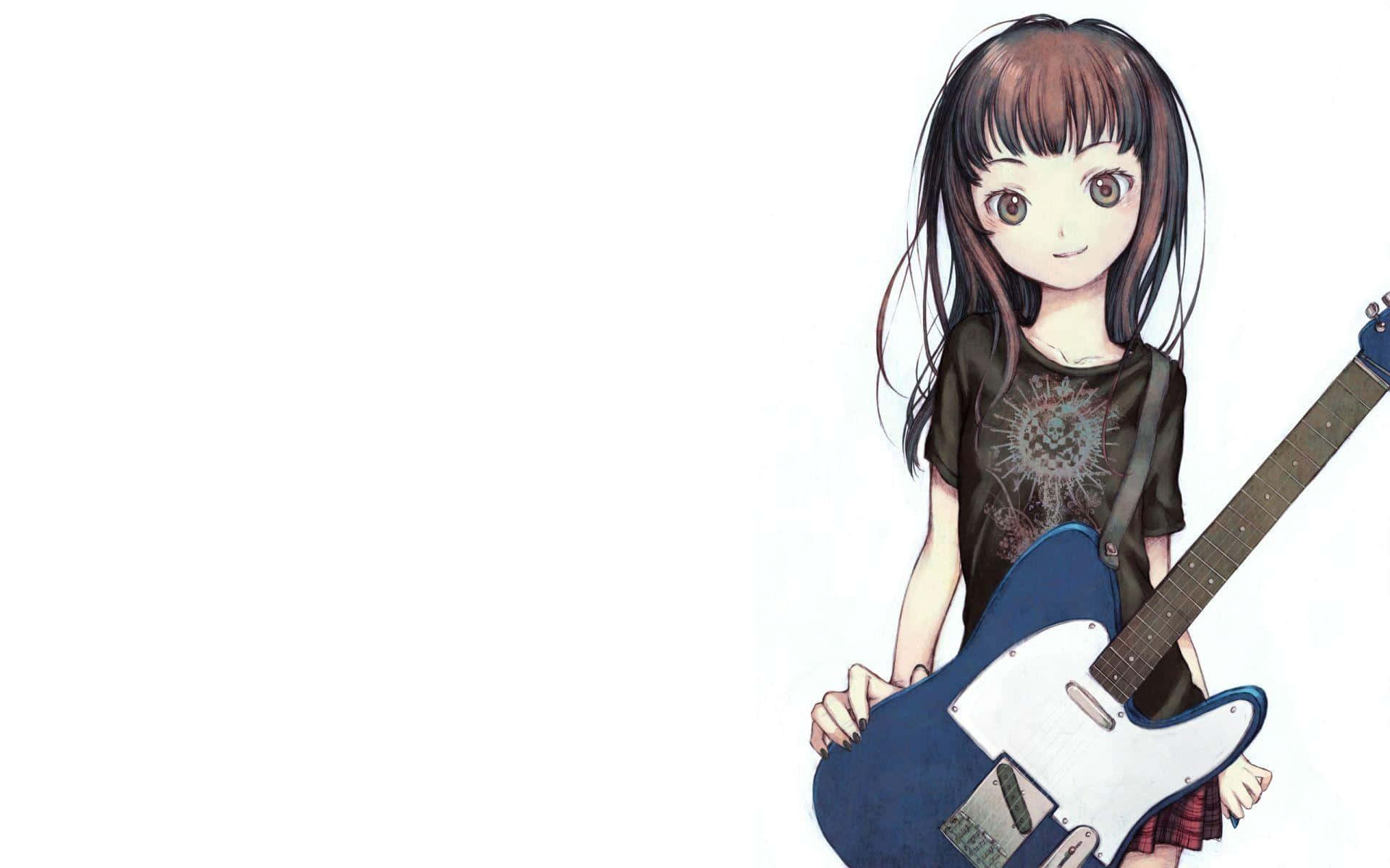 持電吉他美麗少女圖 壁紙 — 棕色頭髮的動漫女孩在純白色背景前拿著一把藍色電結他。