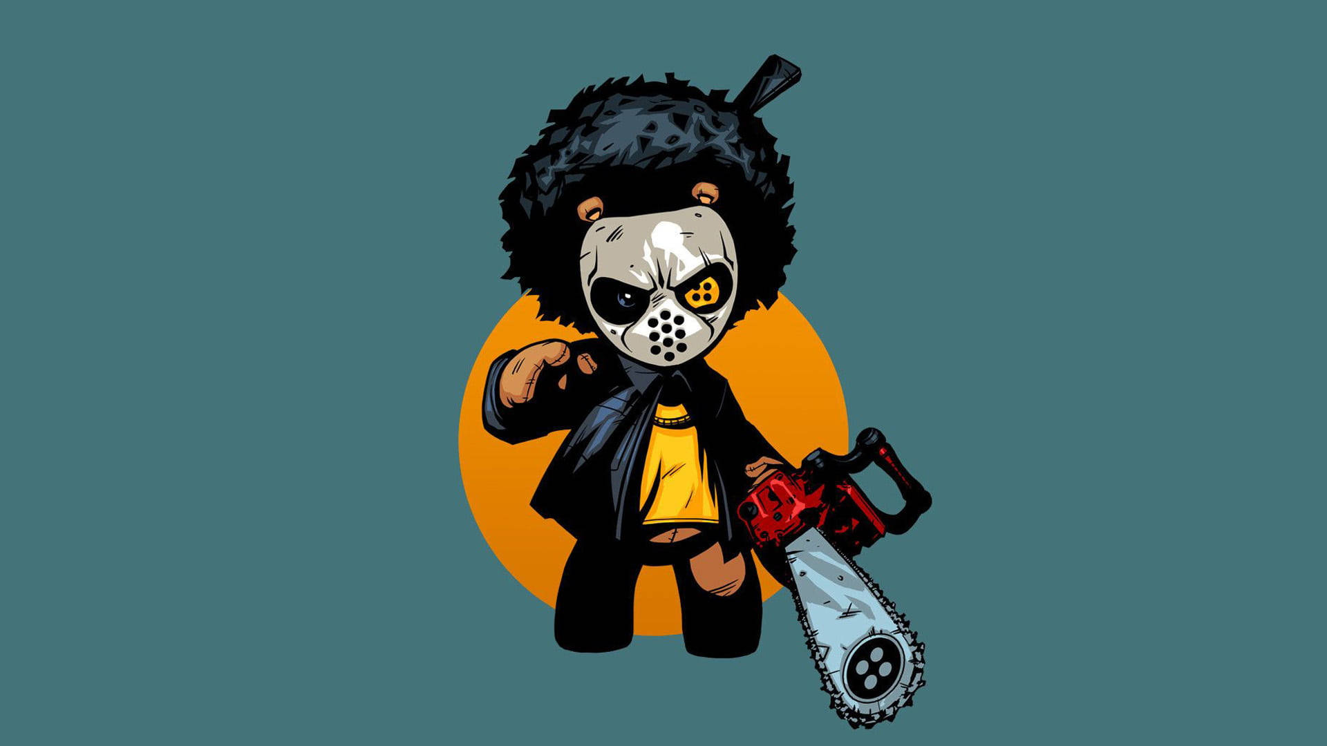 Q版Jason Voorhees拿著電鋸和爆炸頭，在藍綠色背景上襯托橙色太陽