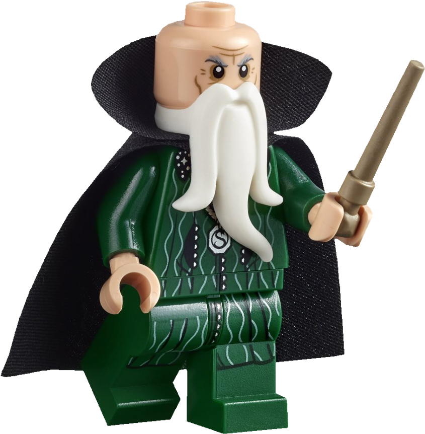 持魔杖披風的樂高巫師 壁紙 — 一個LEGO迷你人偶，阿不思·鄧不利多，長長的白鬍子，綠色長袍和黑色斗篷，在黑色背景前手持魔杖。