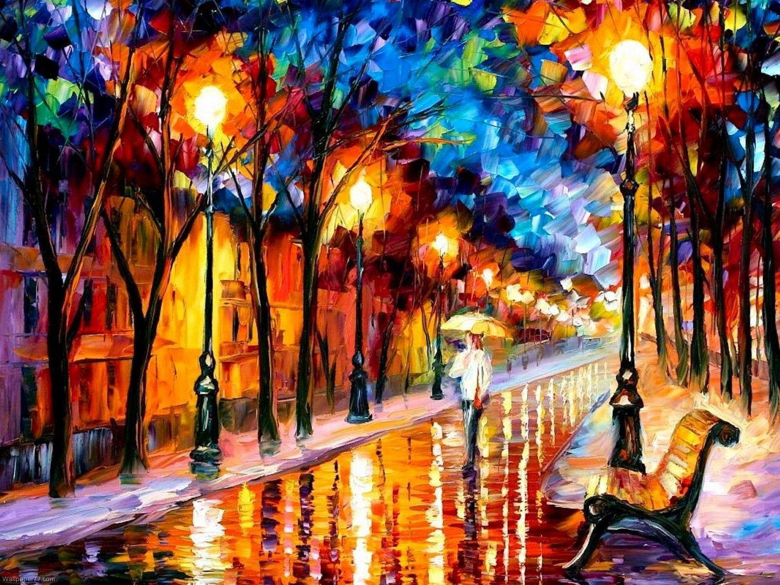 一個人撐著傘，在發光的街燈下，夜晚走在雨中的城市街道上。