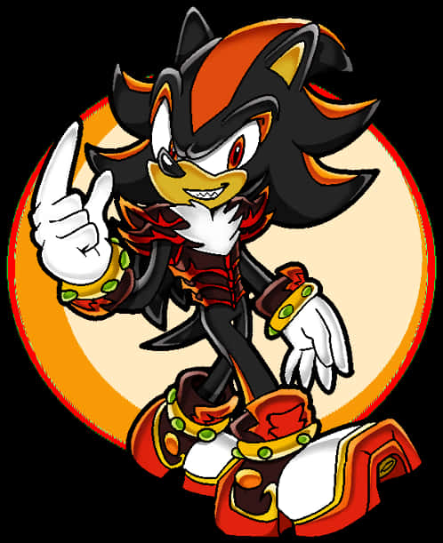 指向上方的影子刺猬 壁紙 — Shadow the Hedgehog 身穿火紅與黑色裝備，在發光的橙色圓形背景前自信地豎起大拇指。