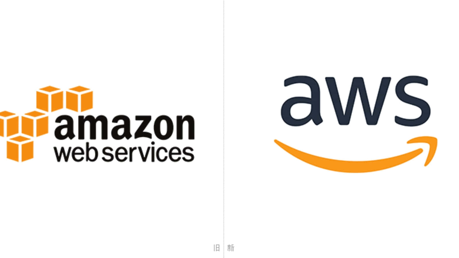 Amazon Web Services 標誌演變：從舊立方體設計到帶微笑箭頭的新 aws 字母組合。