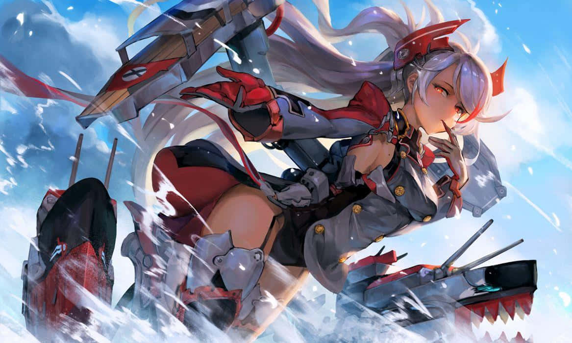 動漫女孩穿著紅灰色盔甲，騎著戰艦穿越暴風雨的天空。
