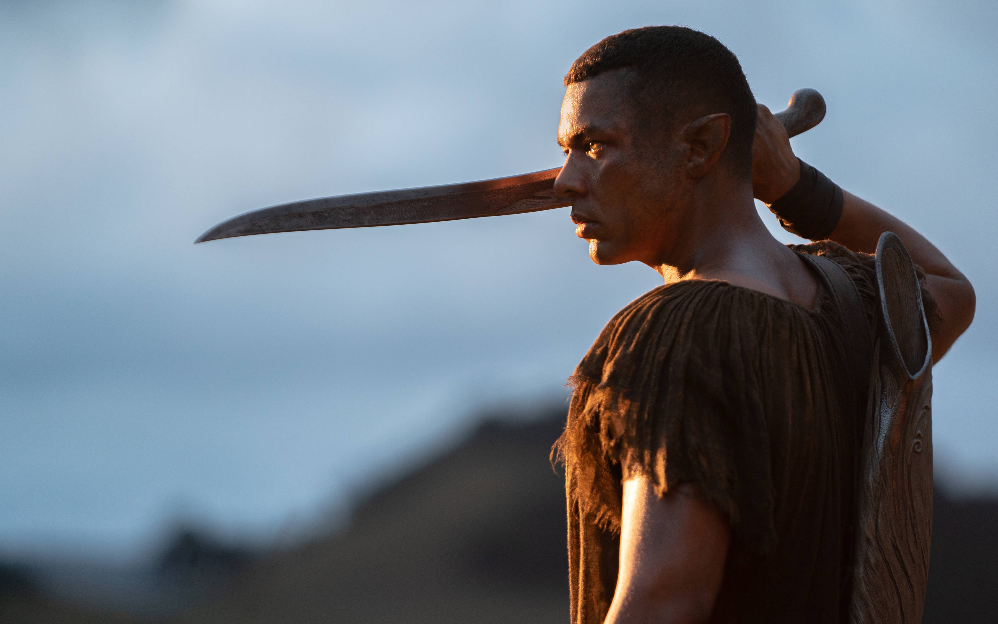 《指環王：力量之戒》系列中的阿隆迪爾經典畫面 壁紙 — 一名尖耳戰士在昏暗的天空下將長劍扛在肩上。