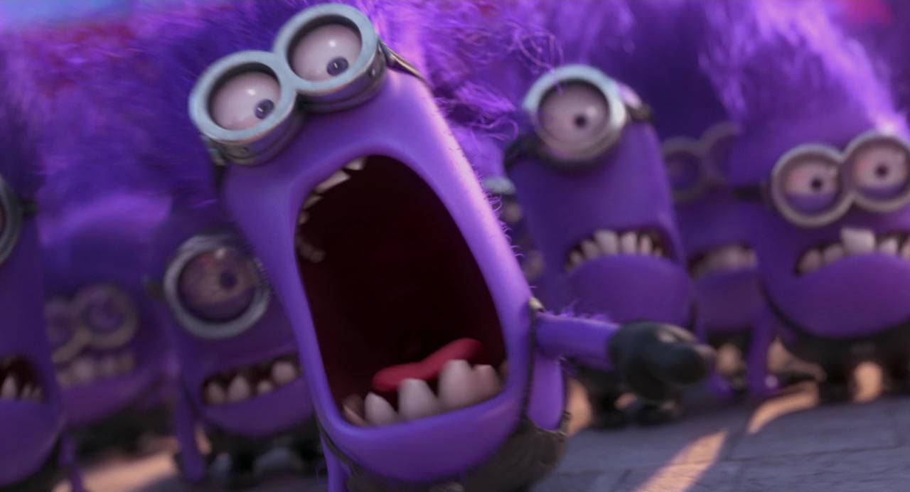 指責的惡魔小兵 壁紙 — 一群戴著護目鏡的紫色Minions在混亂的卡通場景中瘋狂尖叫。