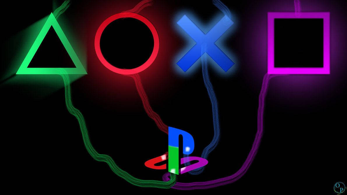 發光嘅PlayStation控制器符號，由霓虹線條連接，背景係黑色。