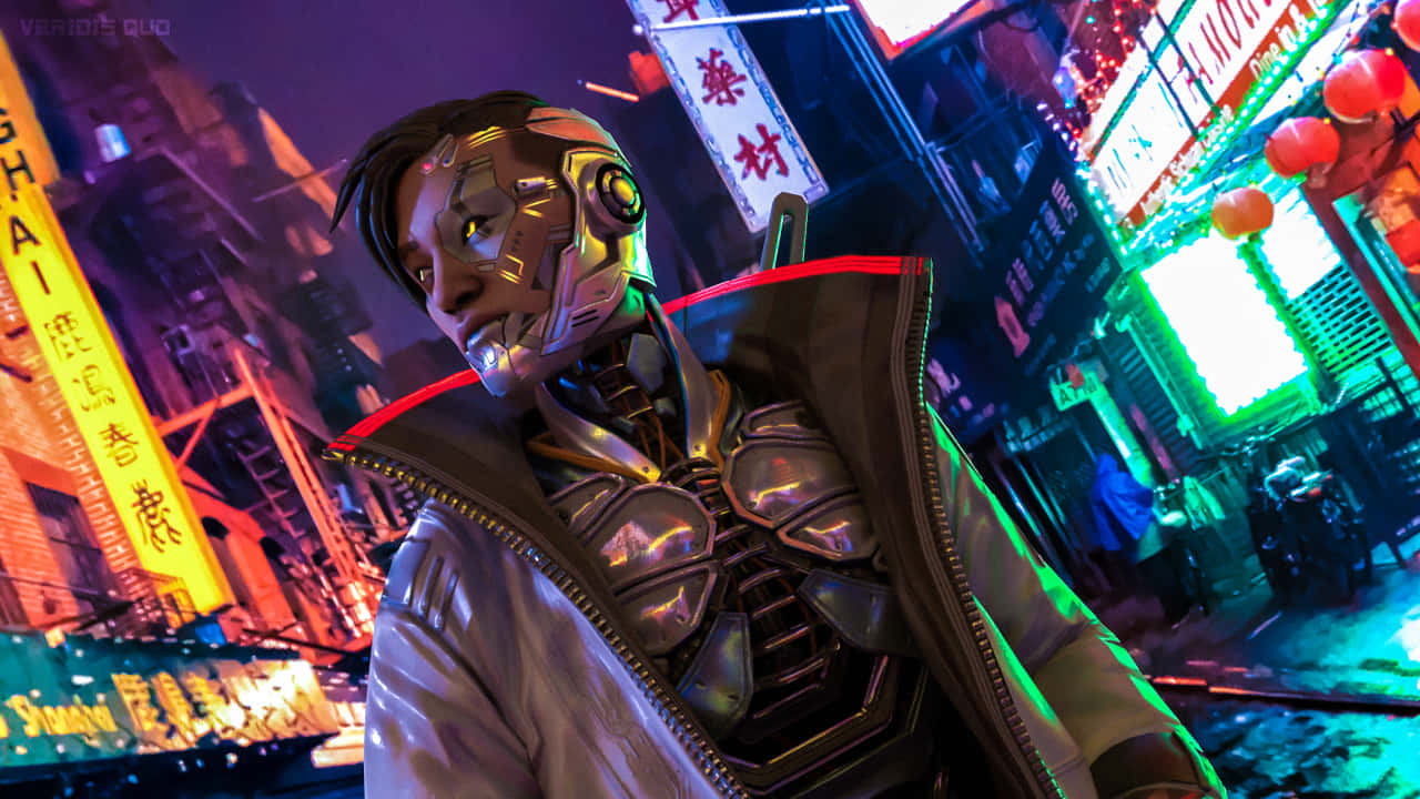 挑戰《Apex英雄》極限！ 壁紙 — 一個發光眼睛的機械人站在夜晚霓虹燈閃爍的未來城市街道上。