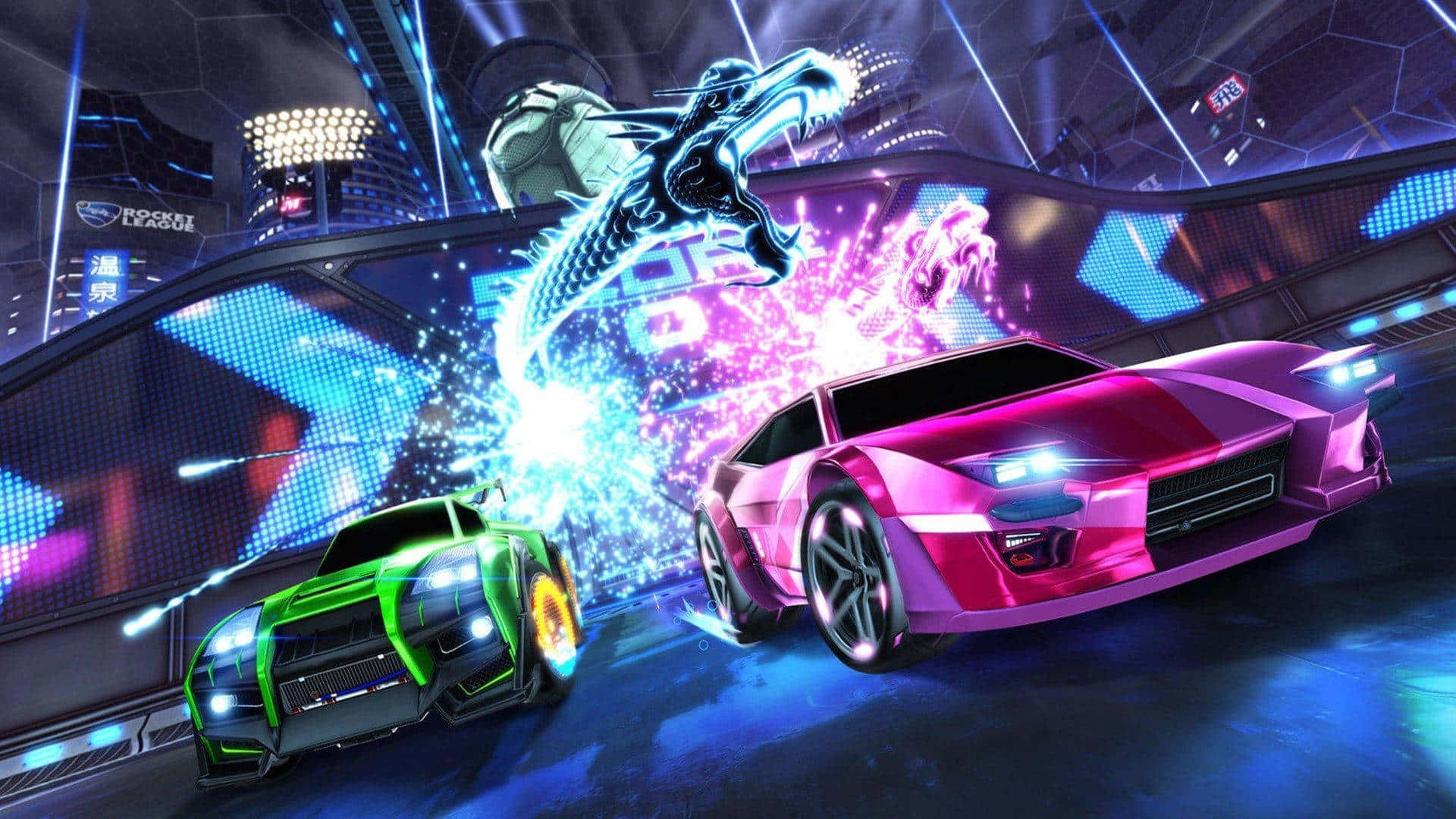 挑戰 Rocket League 領先榜，爭奪冠軍！ 壁紙 — 兩輛霓虹燈照亮的未來主義汽車在發光的賽道上競速，它們之間有龍能量爆發，背景是賽博朋克城市景觀。
