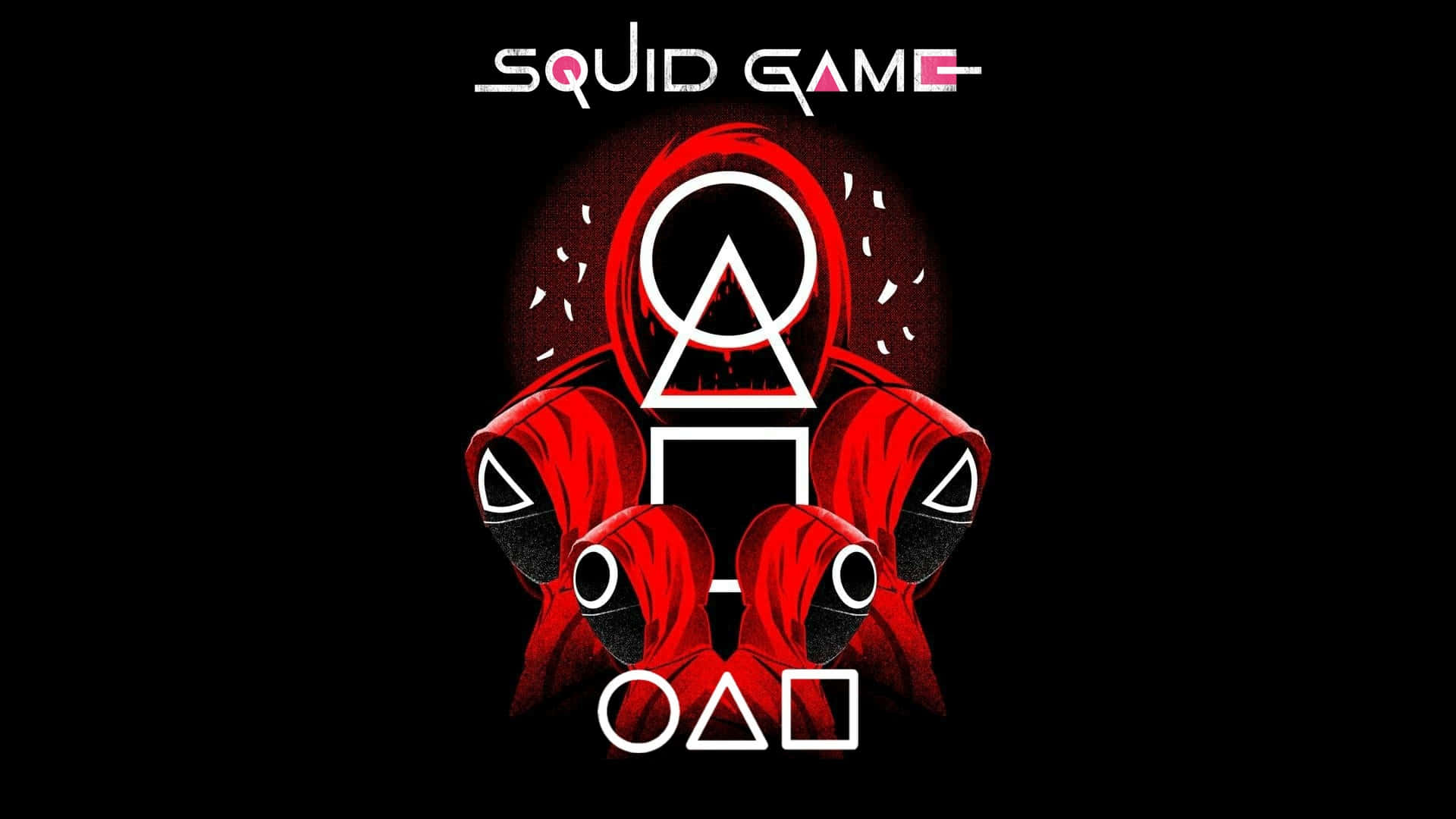 紅色連帽人物手持白色幾何符號，帶有「Squid Game」文字。