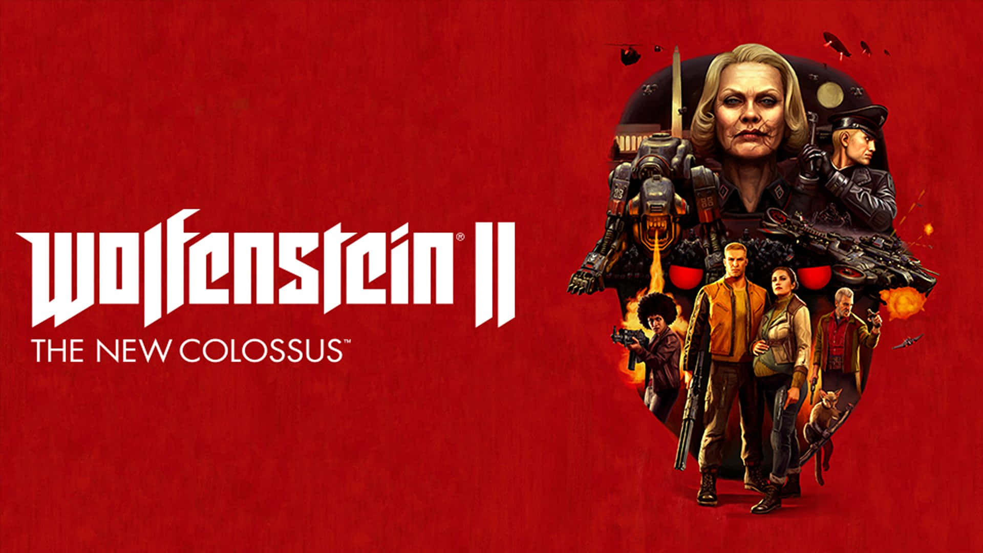 Wolfenstein II 遊戲封面，角色和機械人，紅色背景