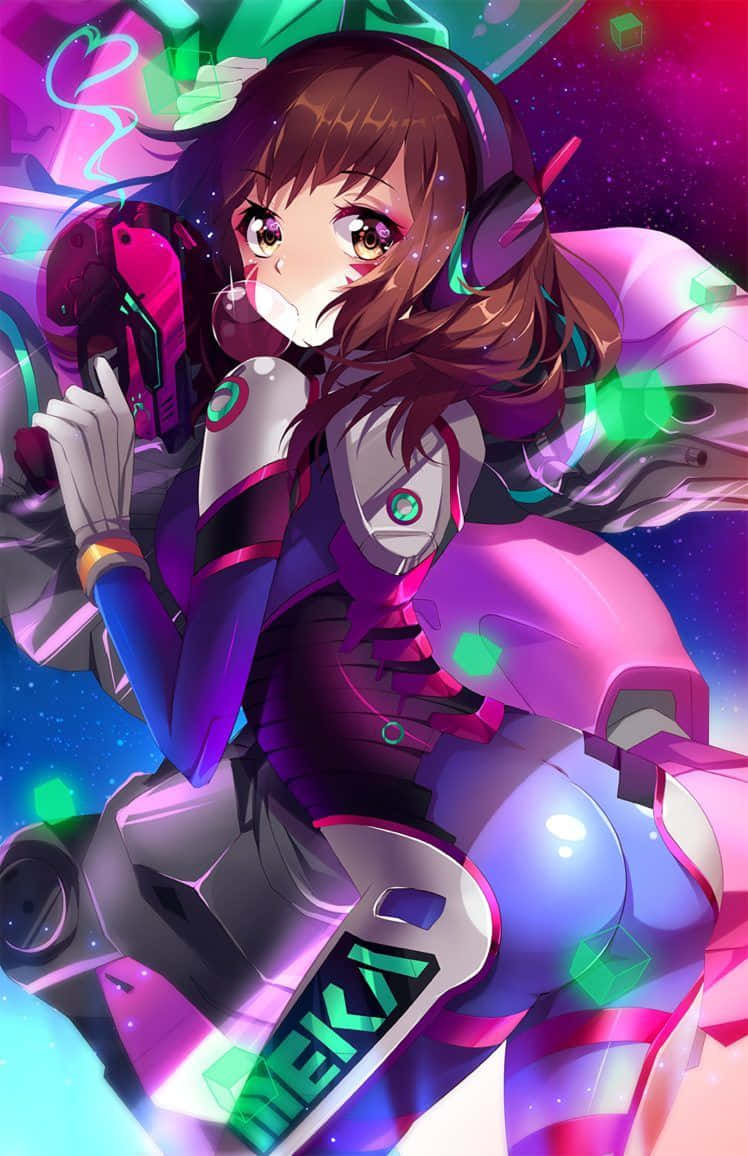 動漫女孩穿著未來感粉紫色機甲服，宇宙背景。