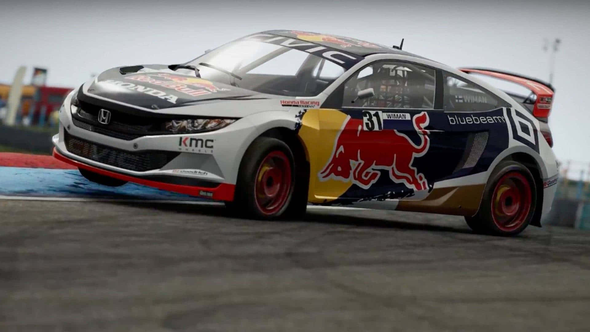 挑戰自我，駕馭HD Project Cars 2的賽道 壁紙 — 一輛編號31的紅牛本田賽車在多雲天空下的濕滑賽道上高速過彎。