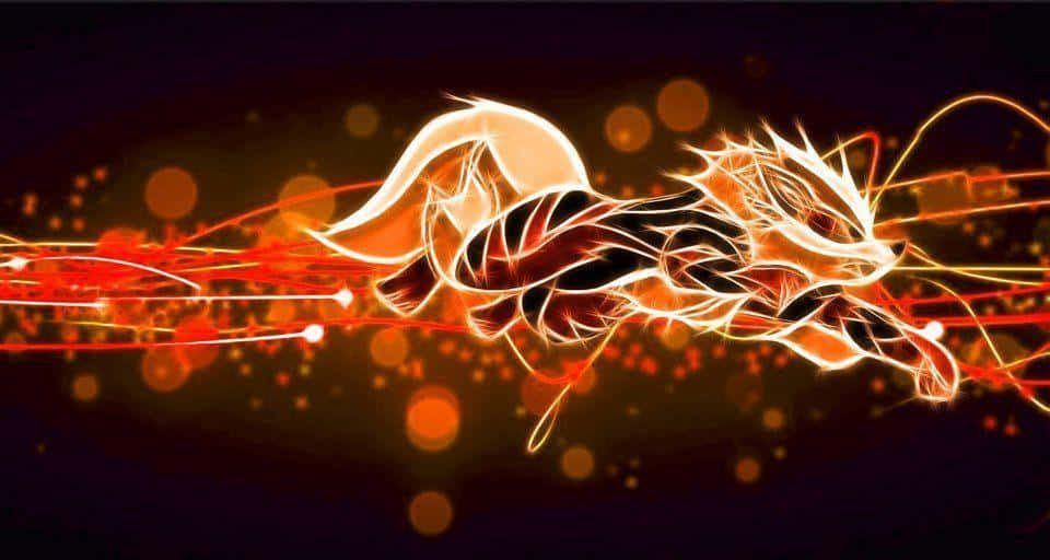 挖掘神秘，收集最稀有的酷寶可夢！ 壁紙 — 一隻發光的狐狸在黑暗背景中疾馳，留下火橙色軌跡和散景光點。