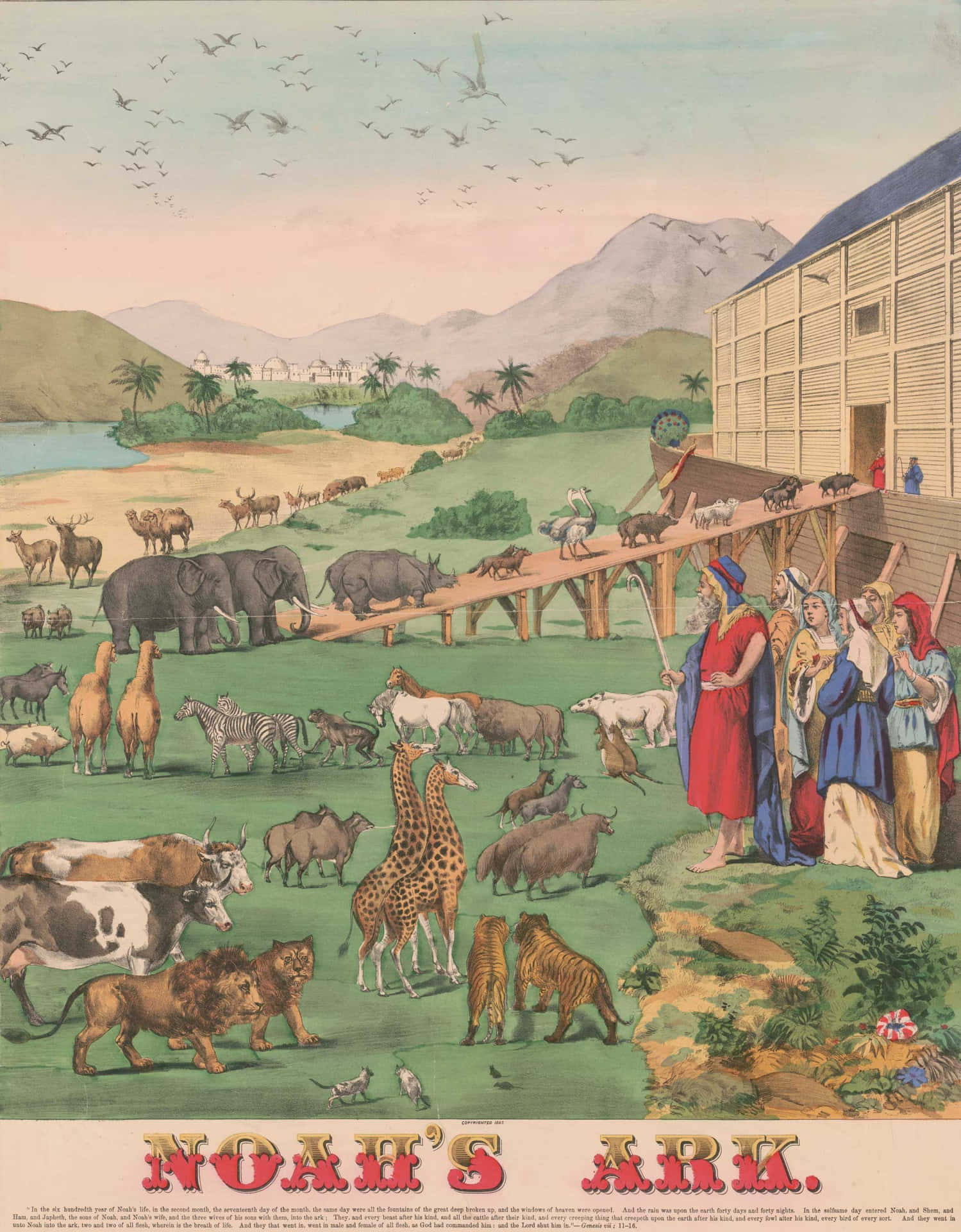 挪亞和家人正在聖經風景中將動物裝上方舟。