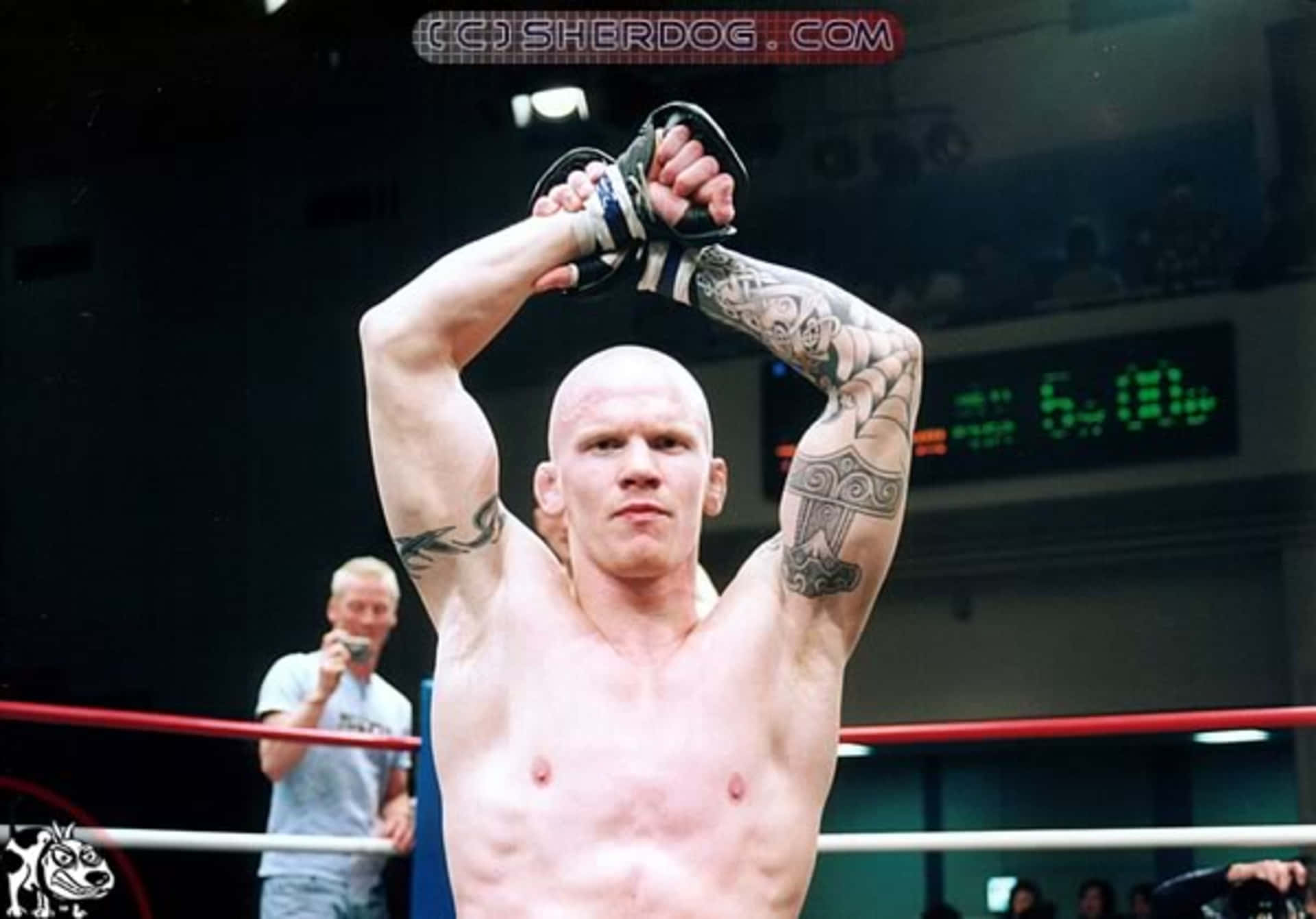 挪威MMA選手約阿希姆·漢森賽前雙手交疊舉頭 壁紙 — 一位紋身戰士在燈光昏暗的拳擊場內，背景有觀眾，舉起戴著手套的拳頭慶祝勝利。
