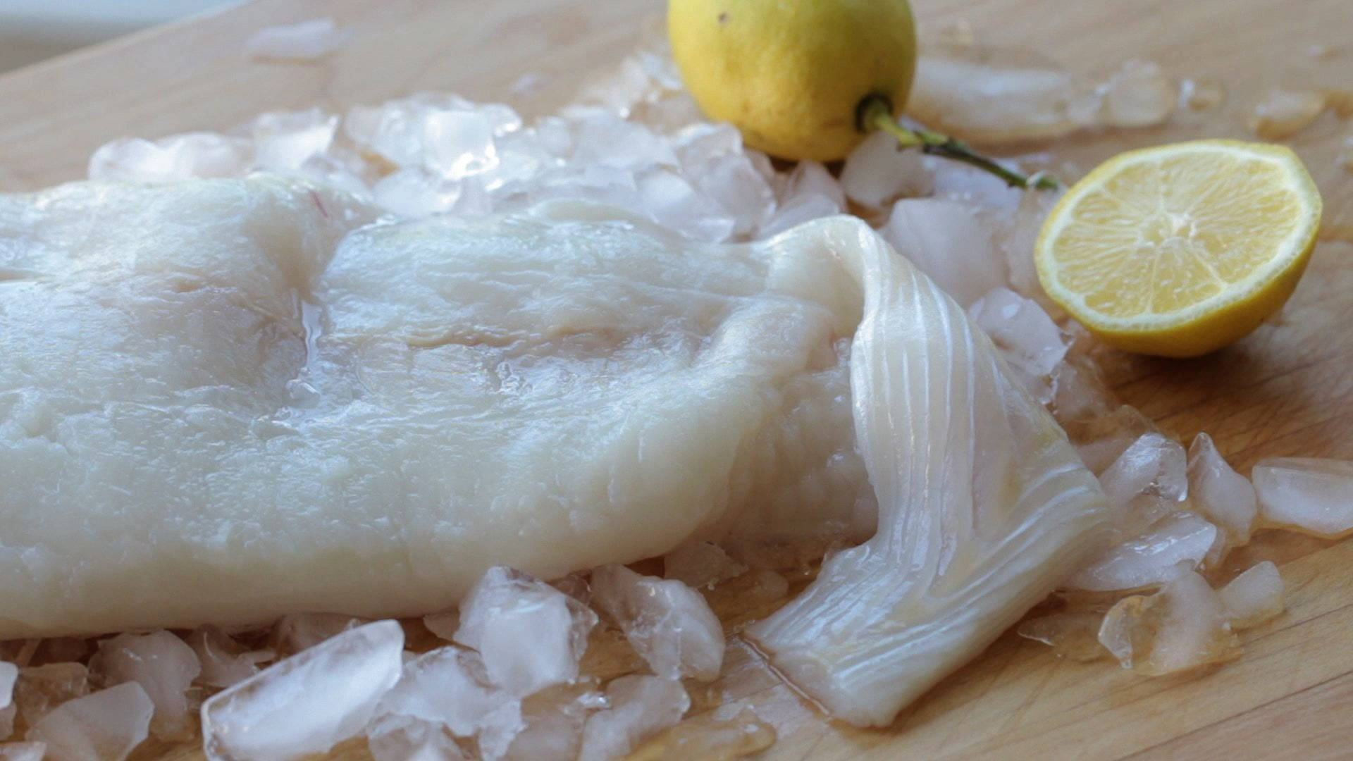 挪威鰈魚鹼漬魚 壁紙 — 新鮮白魚柳放在碎冰上，旁邊有整個和半個檸檬在木砧板上。