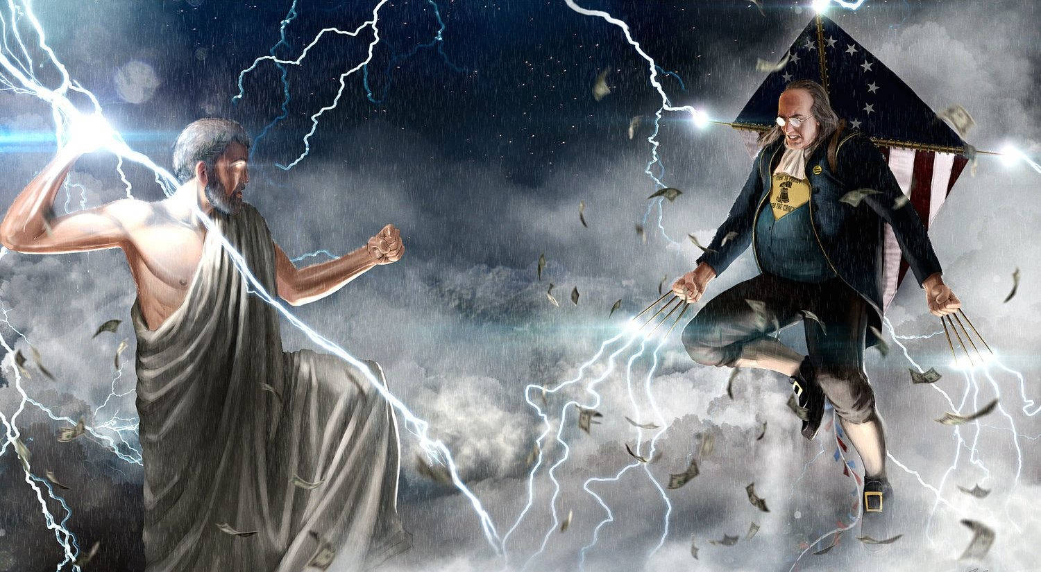 宙斯在掉落的錢幣中與一個手持美國國旗雨傘的男子在暴風雨中戰鬥。