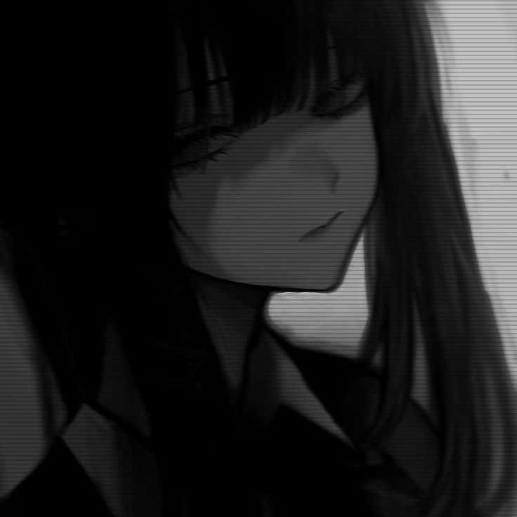 長髮動漫女孩在灰階中向下看，背景為條紋。