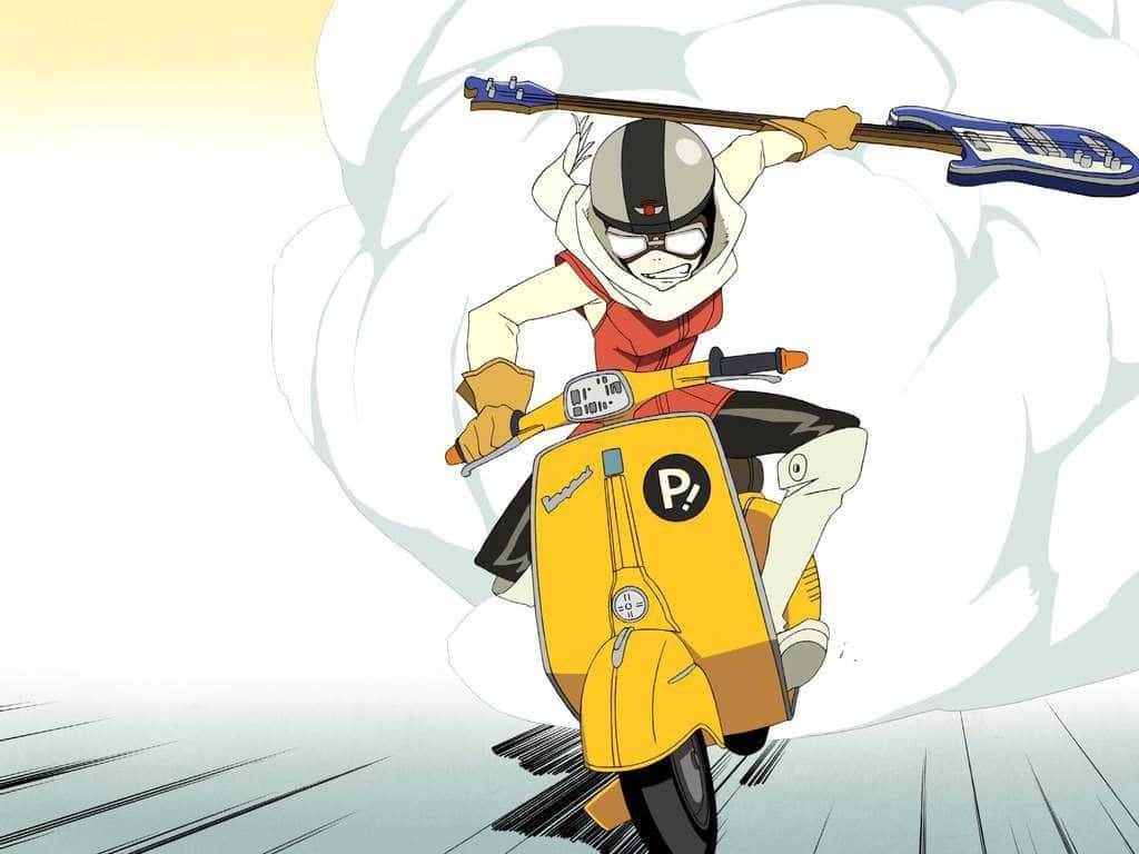 動漫角色騎著黃色滑板車，肩上扛著電結他。
