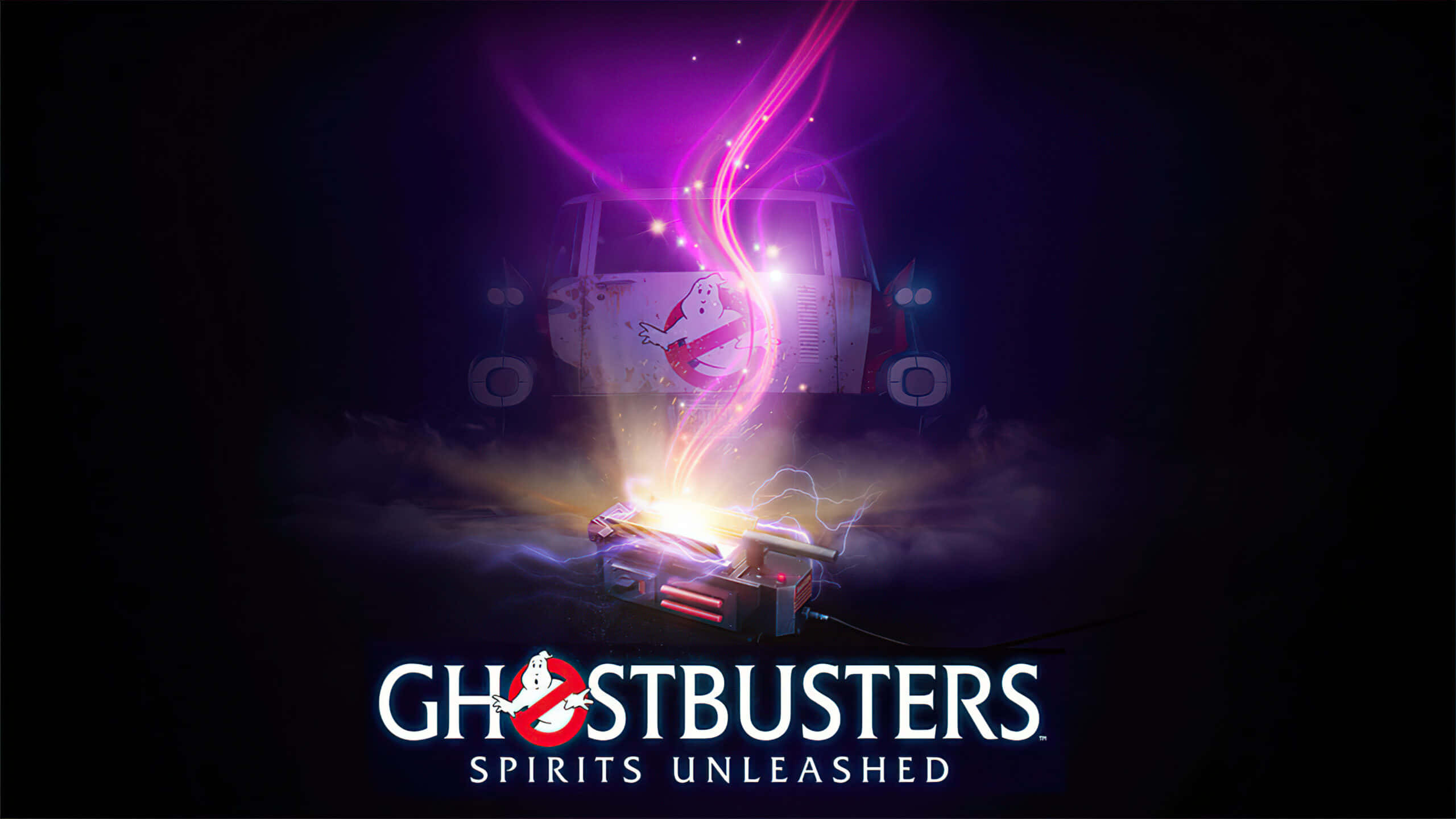 Ghostbusters 桌布 壁紙 — 捉鬼敢死隊 Ecto-1 客貨車在黑暗的夜晚場景中發射質子背包，釋放出紫色能量。