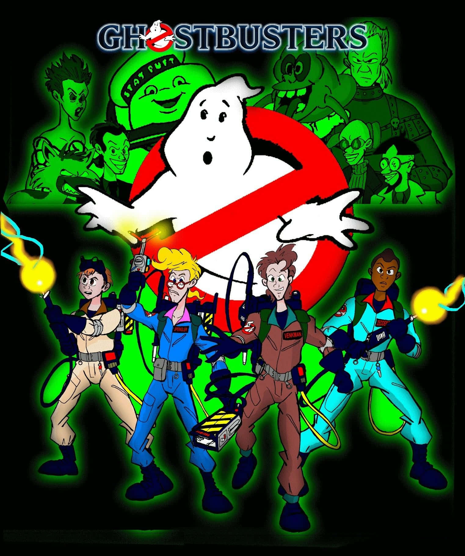 Ghostbusters 桌布 壁紙 — 捉鬼敢死隊以標誌性裝備揮舞質子背包，對抗Ghostbusters標誌後方發光的綠色鬼魂。